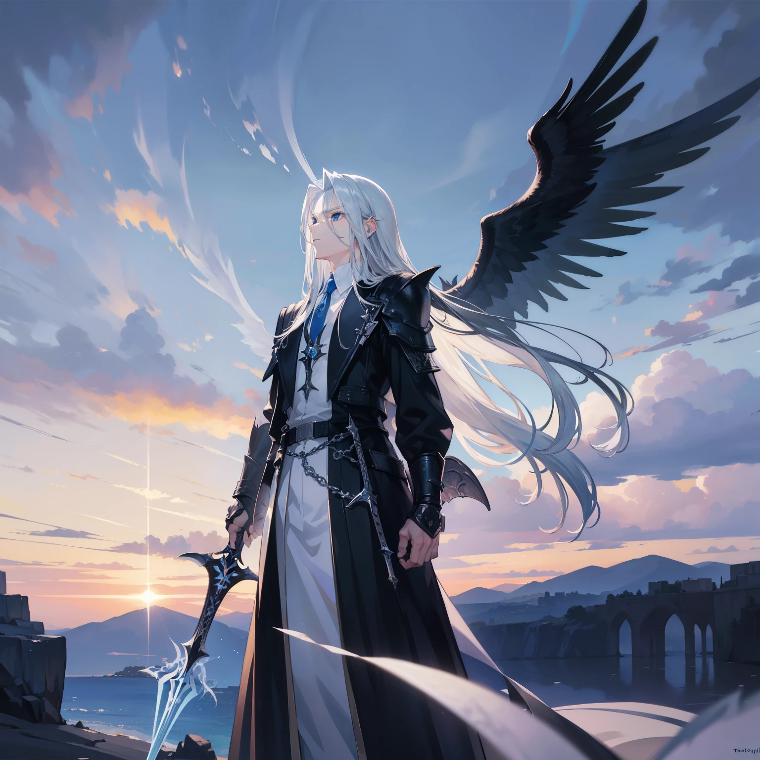 Masterpiece, best quality, 1man, masculine focus, solo, Sephiroth (Final Fantasy), one-winged angel, puppy, brown fur, piercing blue eyes, long silver hair, serious expression, (landscape background: 1.3), (twilight: 0.7)
The one-winged angel, Sephiroth, is depicted in this magnificent artwork. With his piercing blue eyes and serious expression, Sephiroth stands proudly against the backdrop of a twilight landscape. His long silver hair flows in the gentle breeze, while his single wing stretches out behind him, illuminated by the soft, ethereal light.