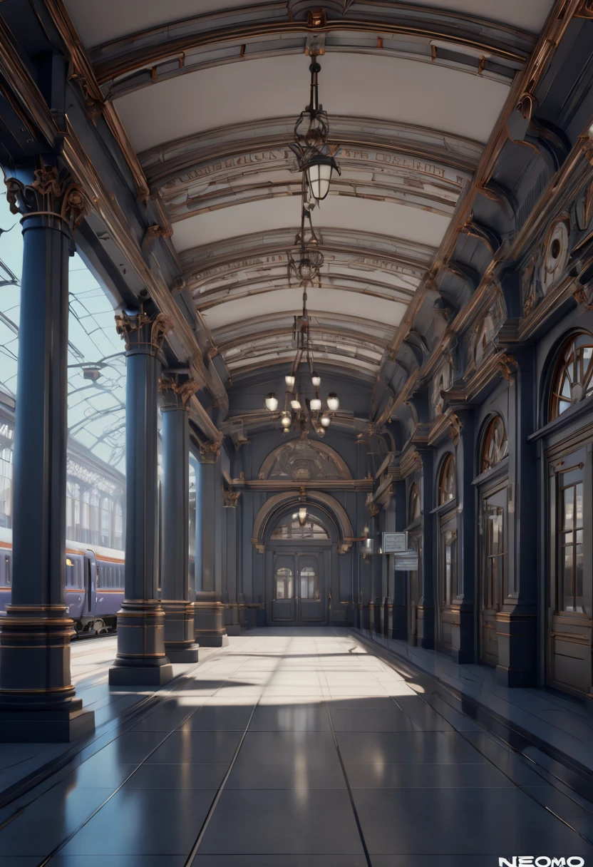 Vaporwave Aesthetic style Train Station, (best quality, masterpiece, Representative work, official art, Professional, Ultra intricate detailed, 8k:1.3)