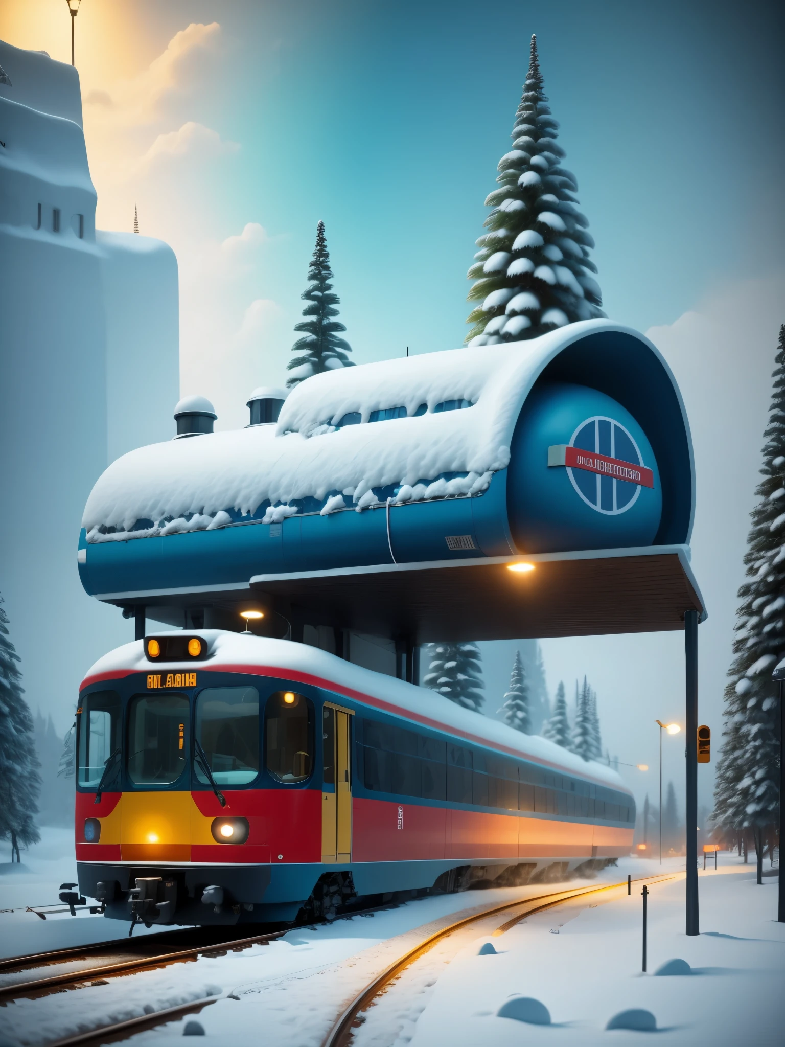 (best quality,4k,8k,highres:1.2),ultra-detailed,(realistic,photorealistic,photo-realistic:1.37),snowy, train station in a blizzard,bleak and desolate scene,abandoned feel,large signage,scifi,cyberpunk,futuristic,photography.