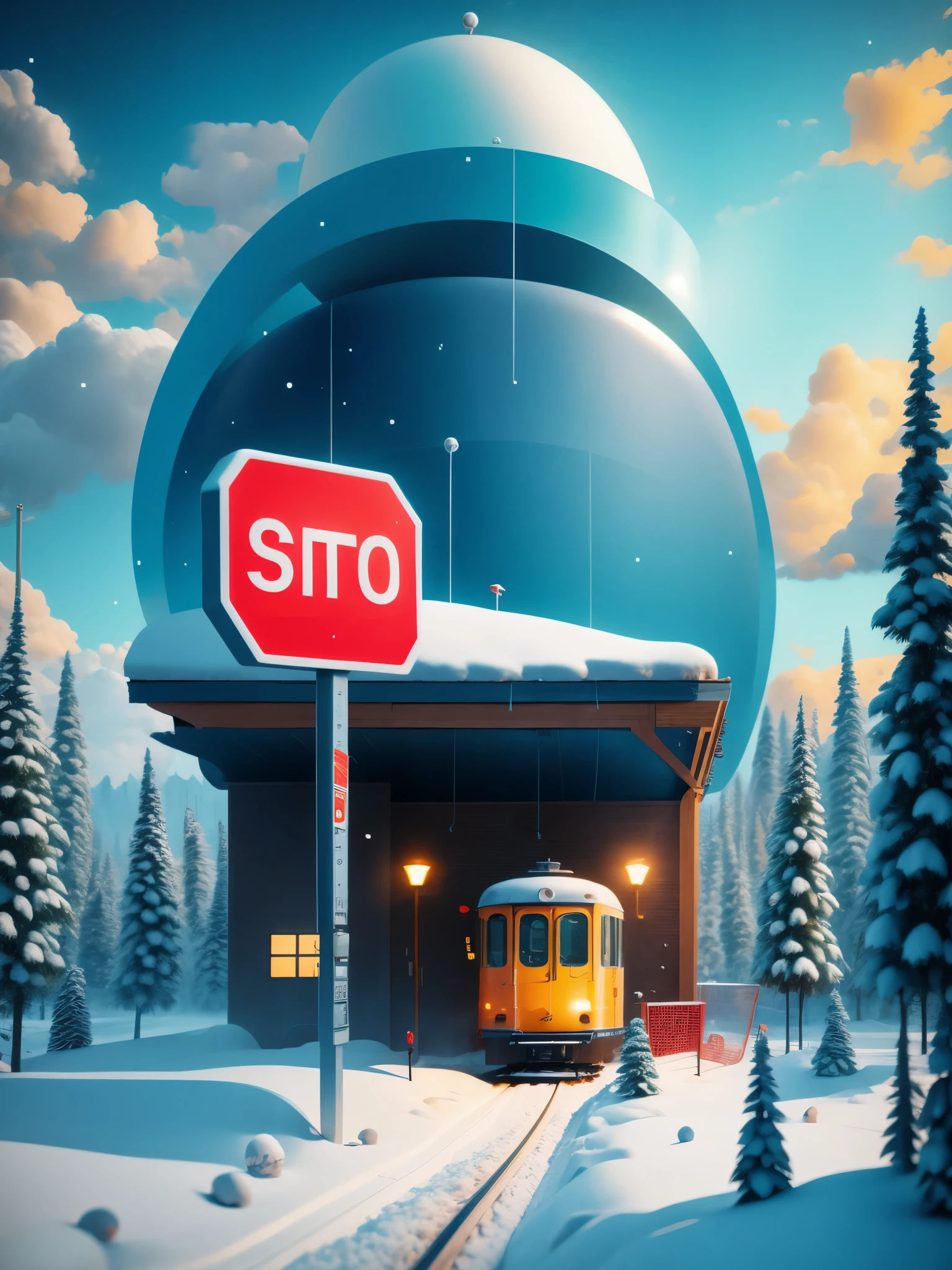 A solitary  station in the heavy snow，A station for one person，Big stop sign，track，science fiction，cyberpunk，future，photography，