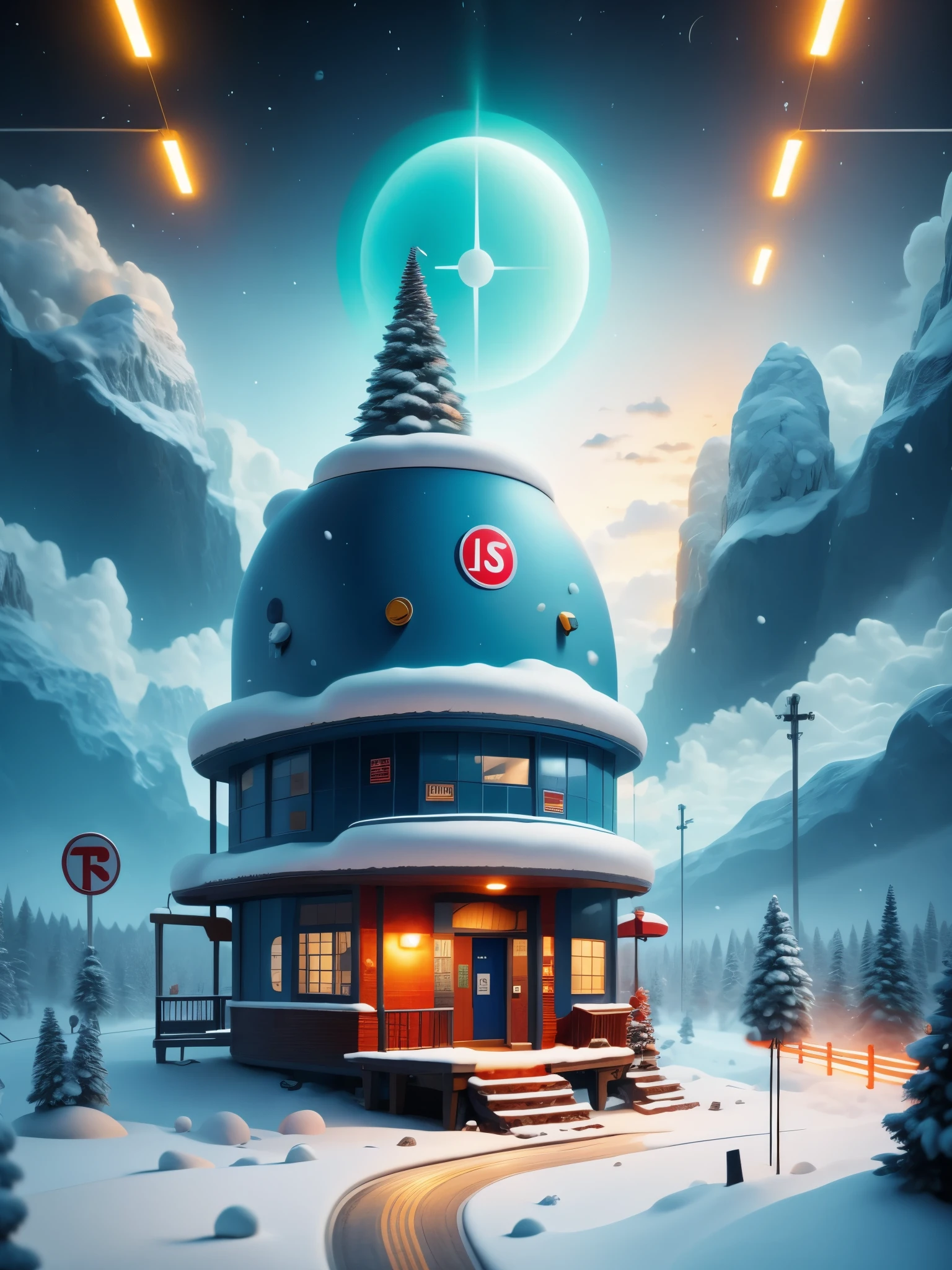 A solitary  station in the heavy snow，A station for one person，Big stop sign，track，science fiction，cyberpunk，future，photography，