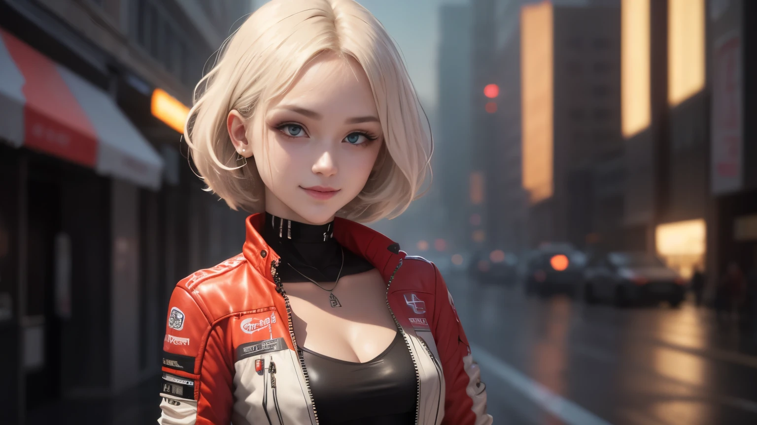 optimal,master piece,High resolution,best quality,hyper hd,super detail,Award-winning,16k,solo,(Upper body),correct anatomy,beautiful cyberpunk girl,cute face,,gradation beige hair,hair line,((scarlet eyes)),long eyelashes,drooping corners of the eyes,white skin,(small ),(Because I'm slender),((Women's Super Short Shawl Leather Jacket)),((racing_suit)),((height_skirt)),ear studs,(neck ring),(laser material clothing:1.2)、cleavage、smile、beautiful eyes
