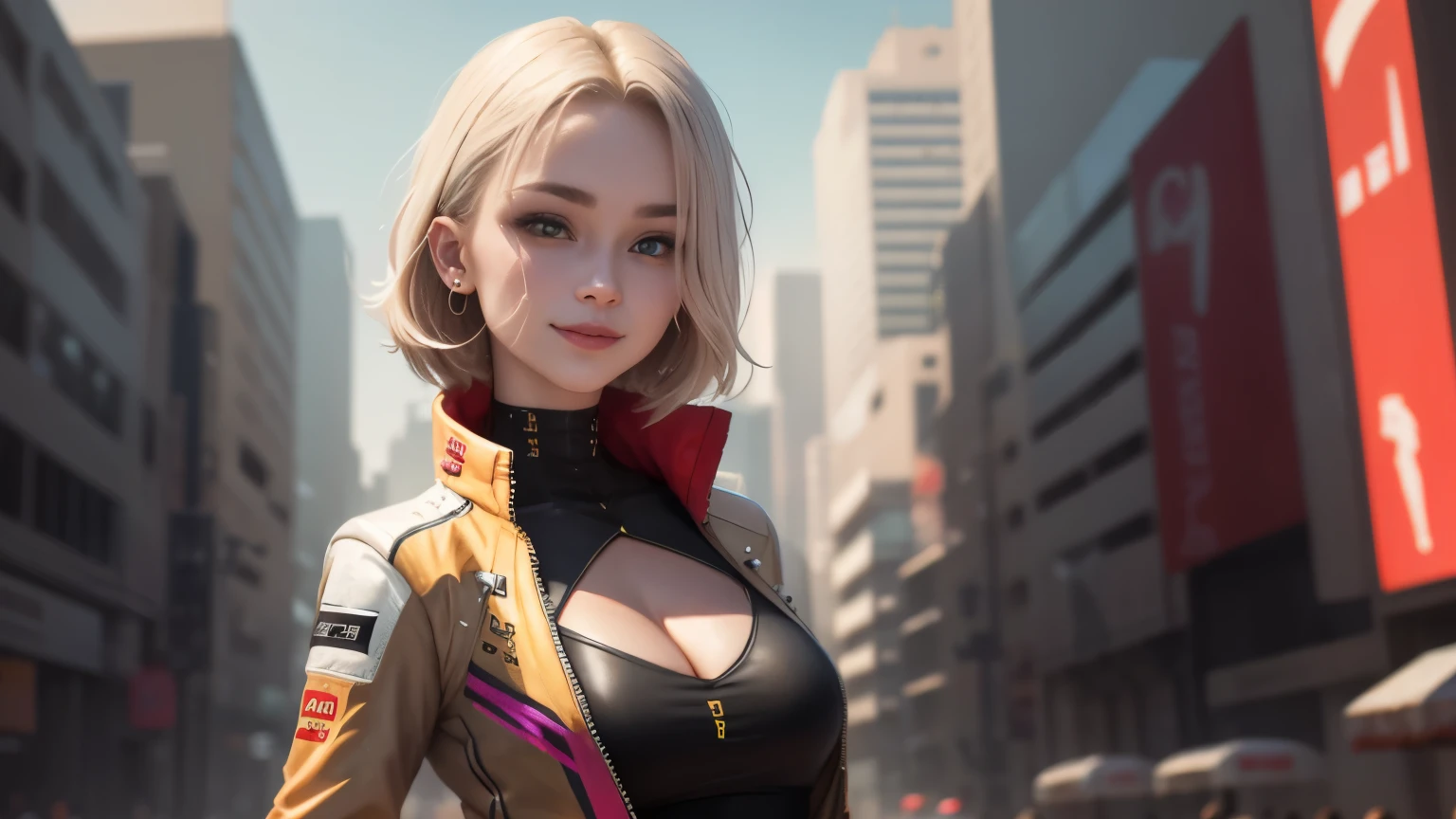 optimal,master piece,High resolution,best quality,hyper hd,super detail,Award-winning,16k,solo,(Upper body),correct anatomy,beautiful cyberpunk girl,cute face,,gradation beige hair,hair line,((scarlet eyes)),long eyelashes,drooping corners of the eyes,white skin,(small ),(Because I'm slender),((Women's Super Short Shawl Leather Jacket)),((racing_suit)),((height_skirt)),ear studs,(neck ring),(laser material clothing:1.2)、cleavage、smile、beautiful eyes