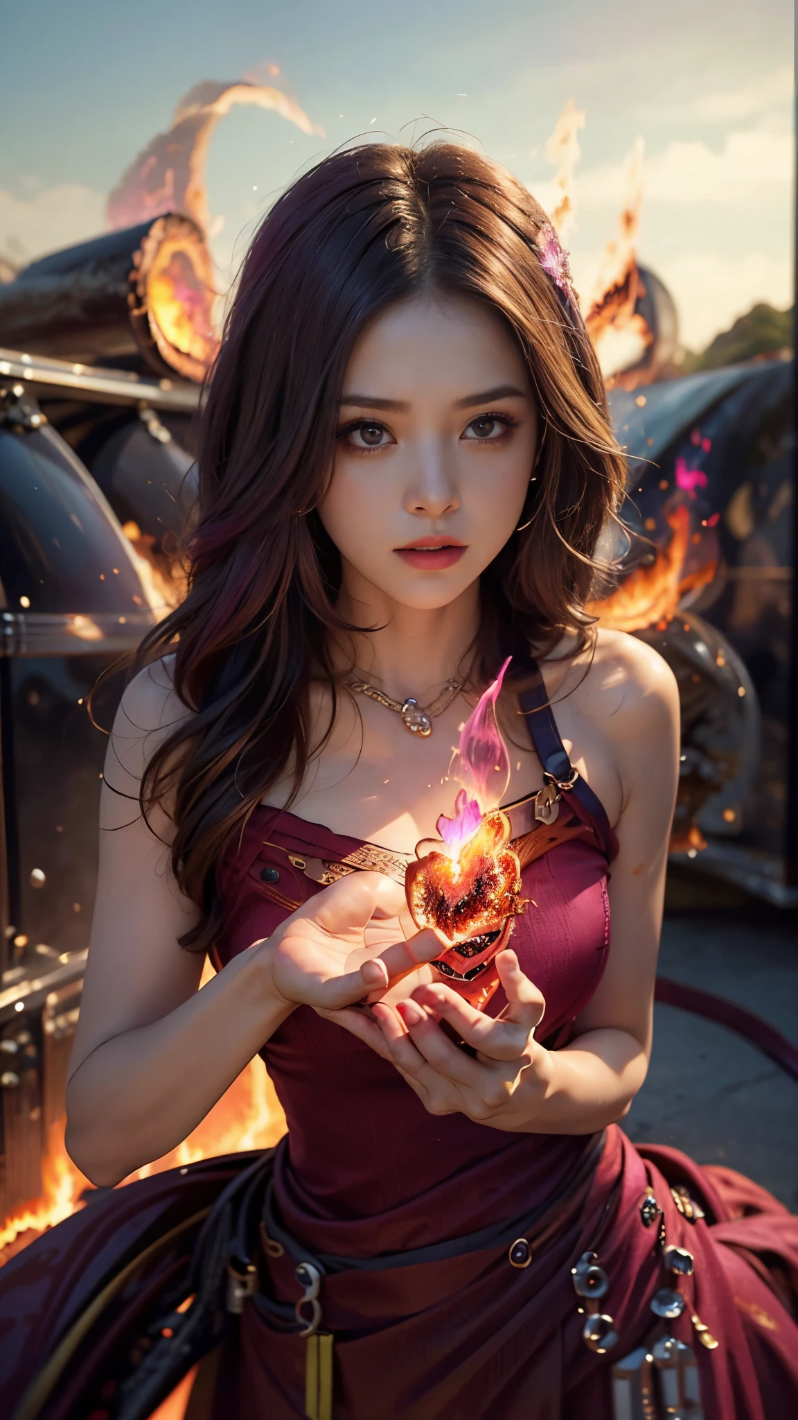 8K, ultra detailed, masterpiece, 1 fire girl, good face, detailed eyes, very long hair, hire hair, (fire outfit:1.8), (magenta outfit:1.5), (spreading fire:1.5), (aura:1.4), flame in hands, perfect body,