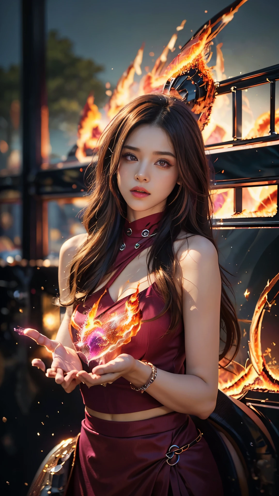 8K, ultra detailed, masterpiece, 1 fire girl, good face, detailed eyes, very long hair, hire hair, (fire outfit:1.8), (magenta outfit:1.5), (spreading fire:1.5), (aura:1.4), flame in hands, perfect body,