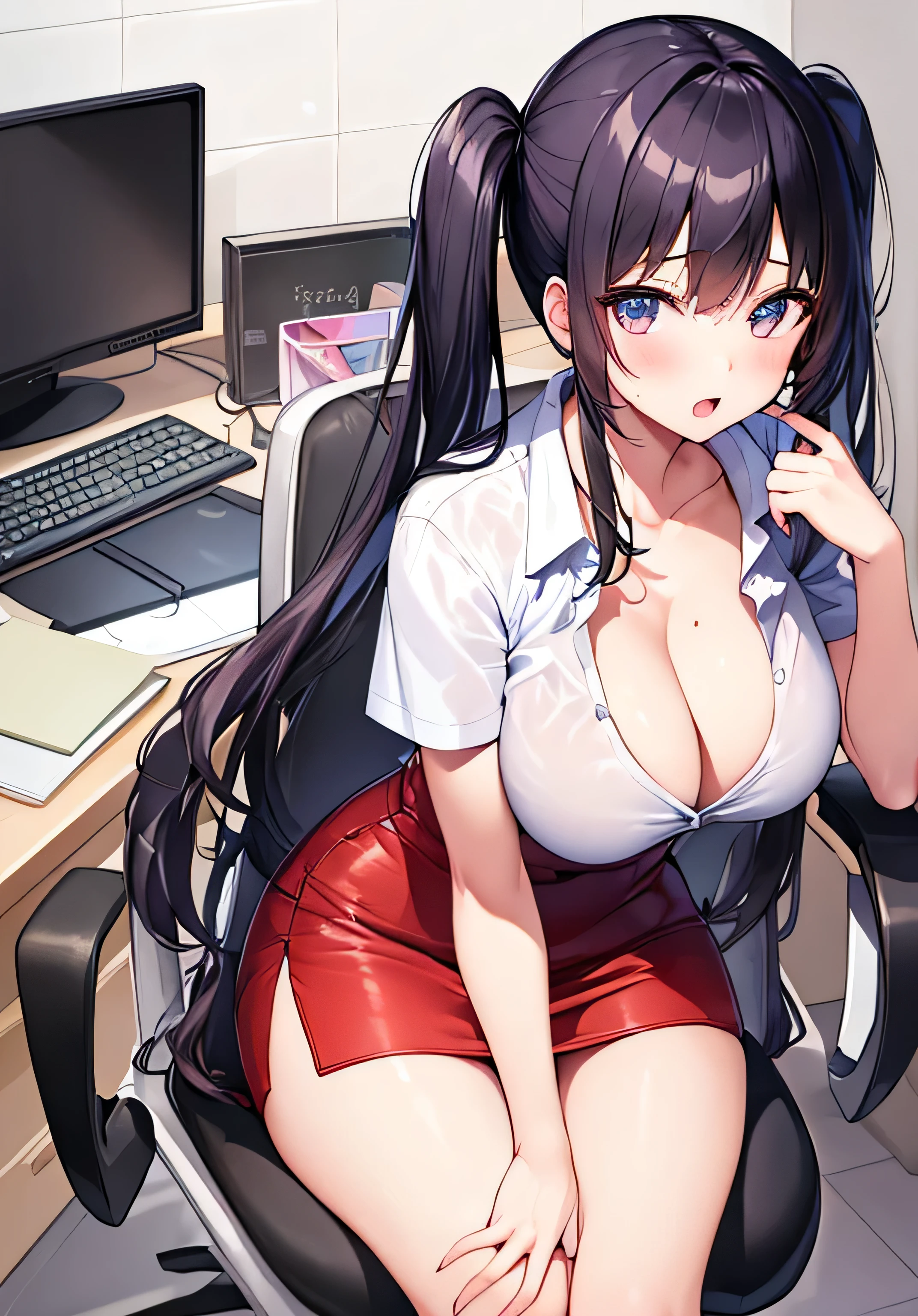 masterpiece、best image quality、ultra high resolution、age girl with big breasts、twin tail hairstyle、black hair、red face、shyly、Open your mouth just a little、Short-sleeved dress shirt that shows a slight cleavage、wearing a mini pencil skirt、sitting in an office chair、inside the office