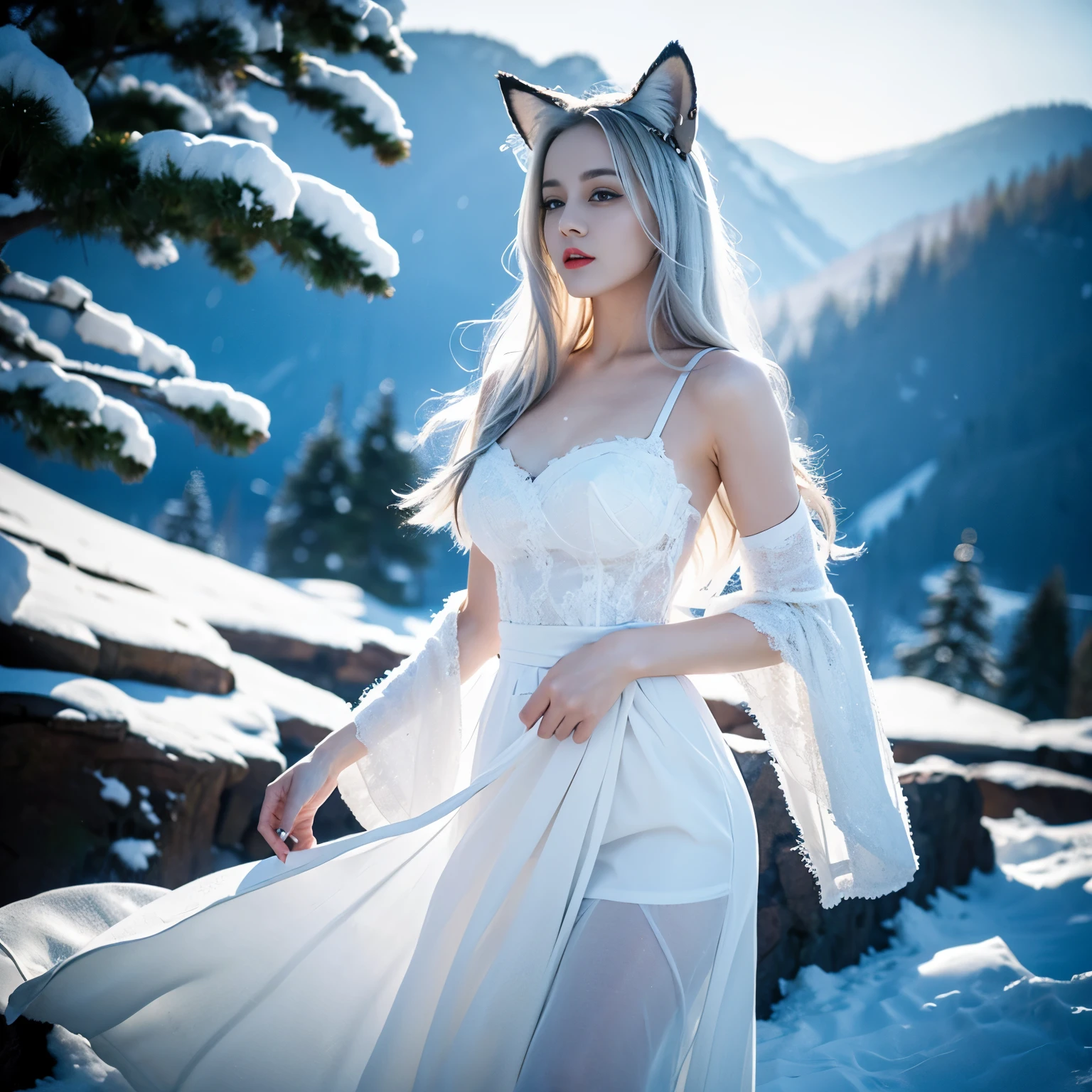 ((top quality、8k、Masterpiece:1.3))、Extremely delicate and beautiful girl,huge breasts,bigger breasts,amazing breast size,G cup,Very white skin,fiery red lips,Waist is very thin,Thighs are very thin,White and smooth skin,Smooth and fair skin,flawless skin,Fair and shiny skin,cold white skin,The camera focuses on the chest,close shot,Big buttocks,fox ears,It was snowing heavily,Snow covers the ground,snow mountain,lake,long skirt,white hair,The hair is white,Naughty