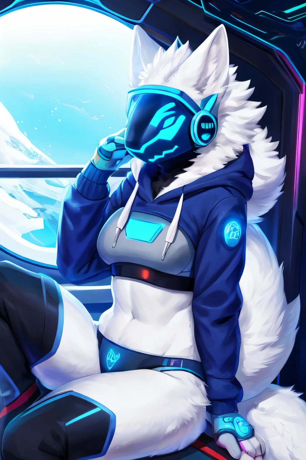 8k, 4k, Detailed, High quality, furry, female, mature female, by buta99, arctic protogen, long visor, blue visor, tuft neck, fluffy tail, sexy body, futuristic assasin underwear, hoodie, sitting, portrait