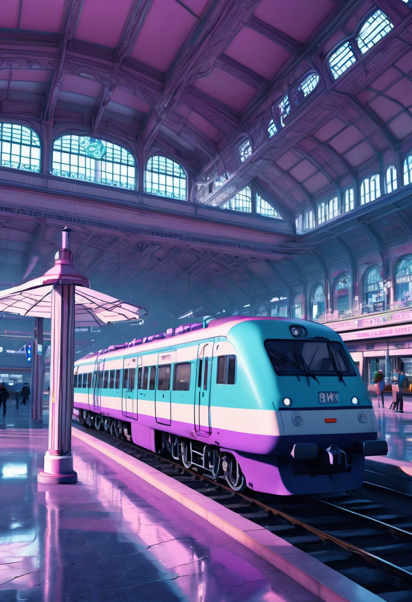 Vaporwave Aesthetic style Train Station, (best quality, masterpiece, Representative work, official art, Professional, Ultra intricate detailed, 8k:1.3)