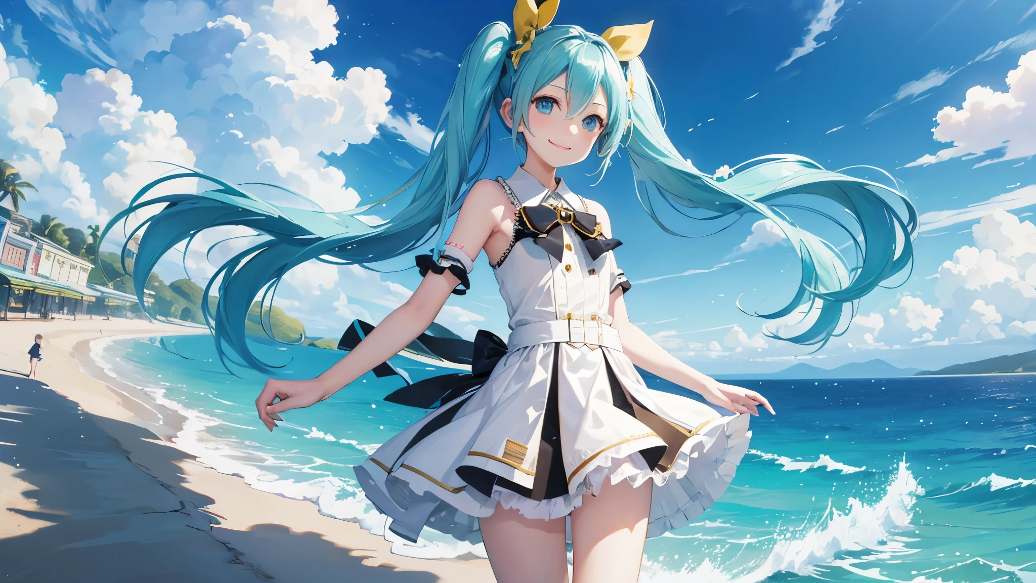 highest quality、high resolution、CG,Kagamine Rin、Hatsune Miku、2people、Hand up、main Street、smile、whole body、distinct