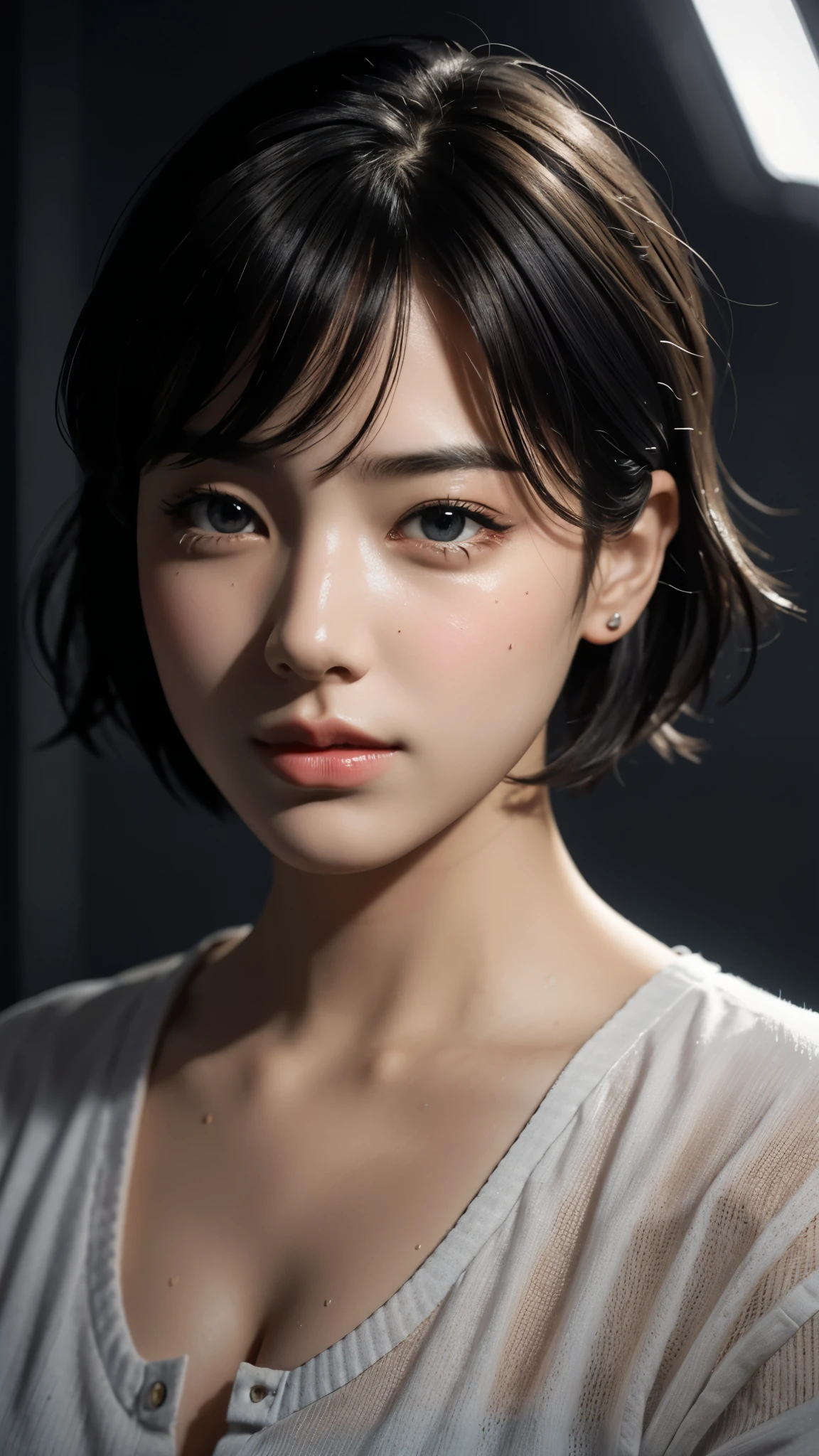 photo-realistic, surreal, cinematic lighting, 32K, 1 girl, look up, Backlight, (bright light:1.2), (Improvement of quality:1.4), (Highest quality realistic textured skin:1.4), detailed eyes, detailed face, short hair, bangs, (Enhances the beauty of skin texture:1.1), matte texture, Upper body, big breasts,Close eyes, open your lips, Expression of feeling, crying face, Cum while looking at the camera, Panting with mouth wide open, crying face, Watery eye, bloodshot eyes, wet body