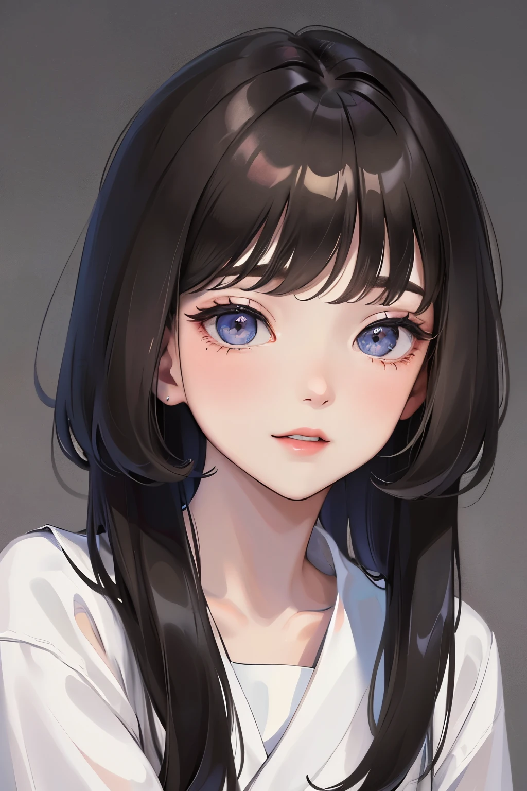 black hair girl、detailed face、profile、Temporary、lipstick、best image quality、droppy eyes,droopy eyes、simple、smile、white clothes、bright pigment、Patsun bangs、whole body、take a pose,gem