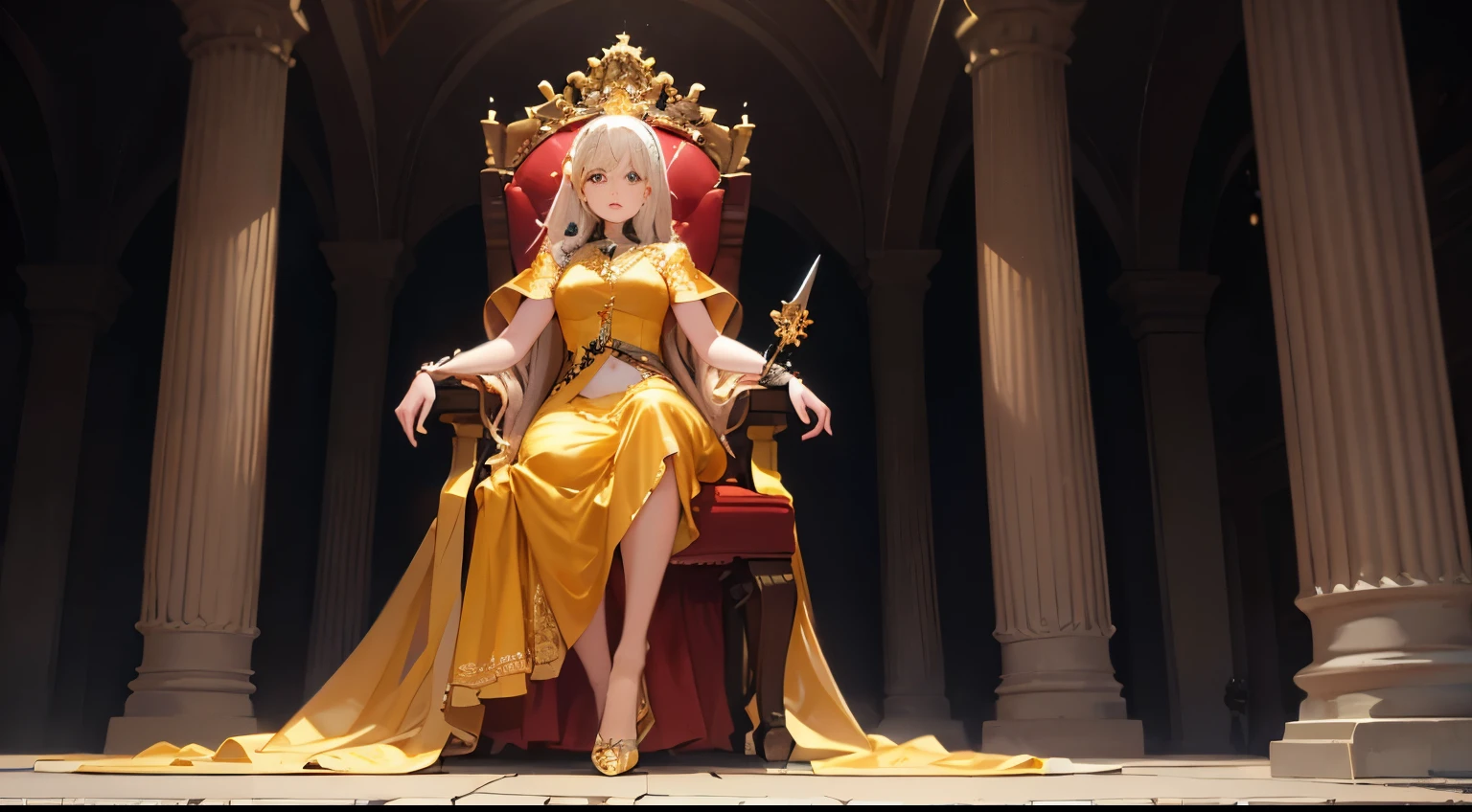 (masterpiece), (realistic), (best quality), (ultra-detailed), amazing, girl, 18 years old, full body, gold hair, long hair, medium breasts, slender weist, longing face, beautiful eyes, red eyes, jewel in the sparkle galaxy, yellow dress, beautiful dress, crystal heels, 1 girl, scenery, single mechanical arm, sitting on throne, holding sword, orange cape, transparent_shoes, shoe dangle, extreme dangling, single shoe, barefoot