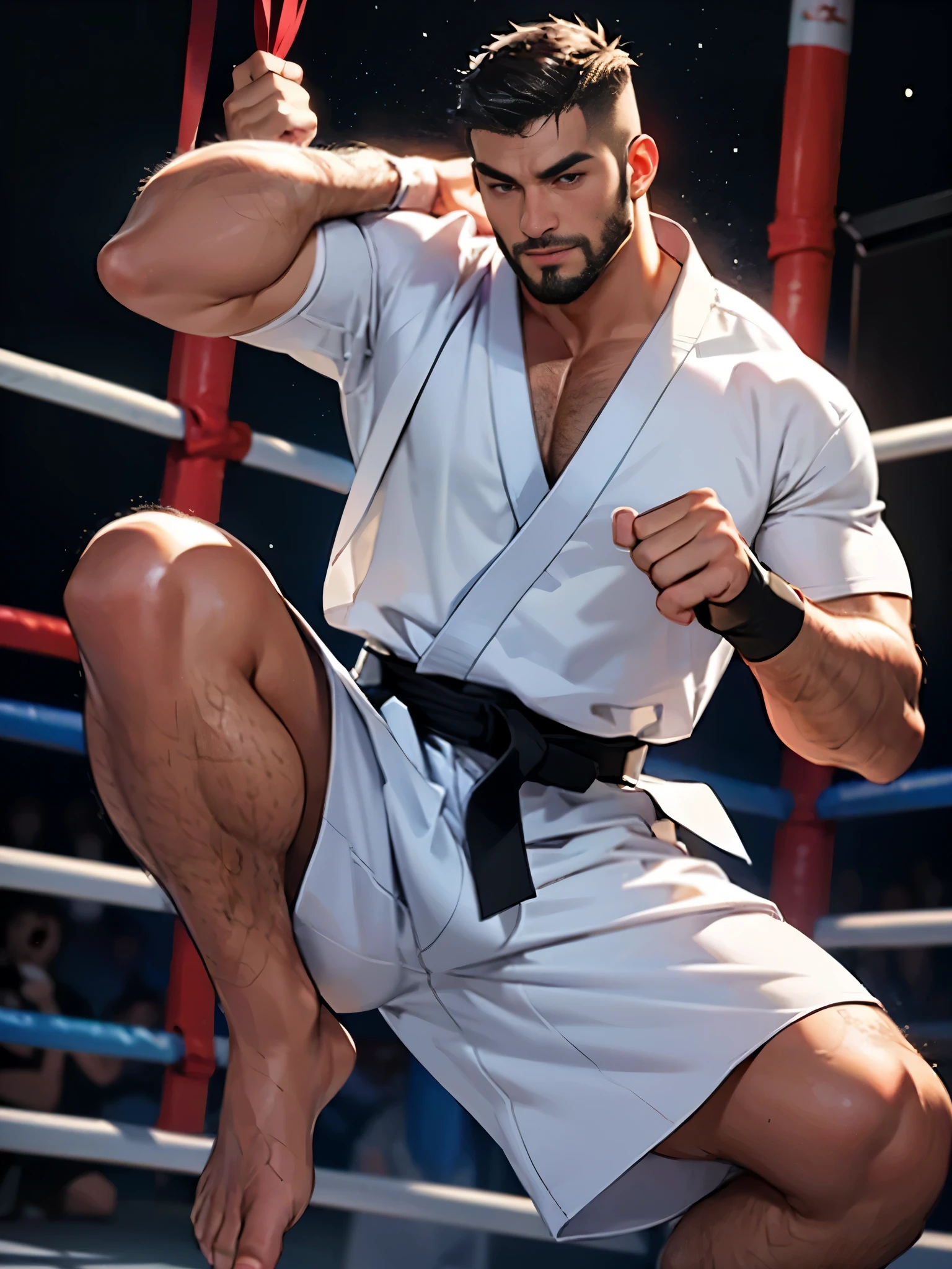 Alafid man in white robe squatting in boxing ring, fighting game characters, as《iron fist》role in, fighter pose, 拳皇role in, Inspired by Dariusz Shokov, 摆出fighting stance, fighting stance, in fighter poses, 《street fighter》Ryu in, in a Combat stance, Combat stance, 摆出复杂的fighting stance