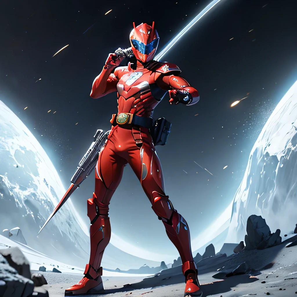 ((power ranger)), One guy、 Red costume, Solo, ((slim figure)), (Anatomically correct), Cowboy Shot, Masked face, (Complex cybersuit of red contricately designed hero suit), Suits with complex lines, Thin cybersuit with a tight body, long leather gloves up to the white elbows,,,,, Arm cover made of hard material, White Leather Boots, Wearing a full-face helmet, (White belt), (Large metal buckle), (full body suits), (Full face helmet with no exposed face), Crystal embedded in helmet, (Very shiny cybersuit), Cyber suit made of silk, A cybersuit that adheres to the body