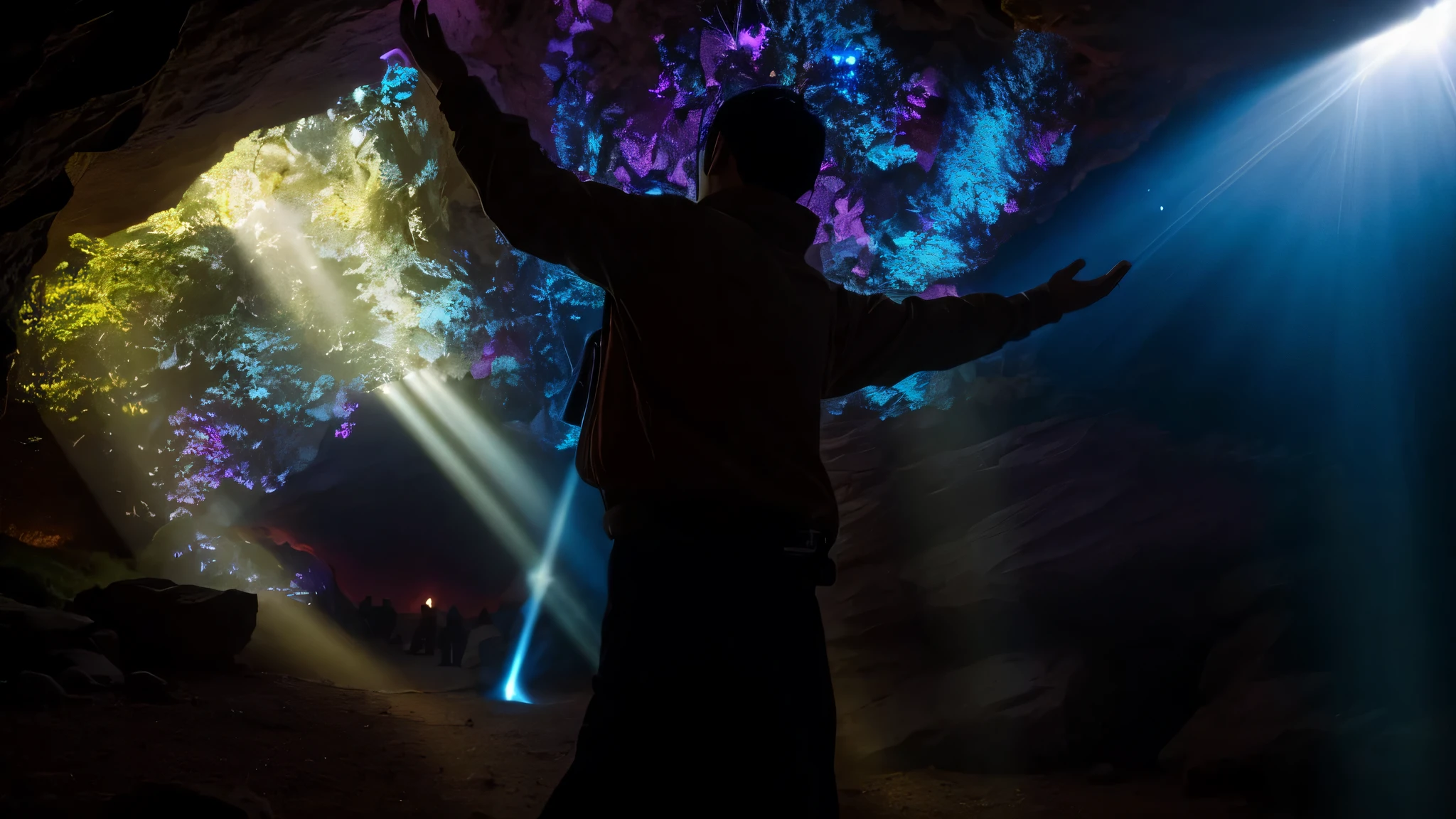 arafed man standing in a cave with his arms outstretched, With divine light as background, standing in a grotto, Find the mysterious cave, Photo taken on 2 0 2 0, Stand under a beam of light, in a cave, lost in a cave, silhouette of a man, God's light illuminates from above, from below, rays of life,Increase the sense of sanctity(1.1)