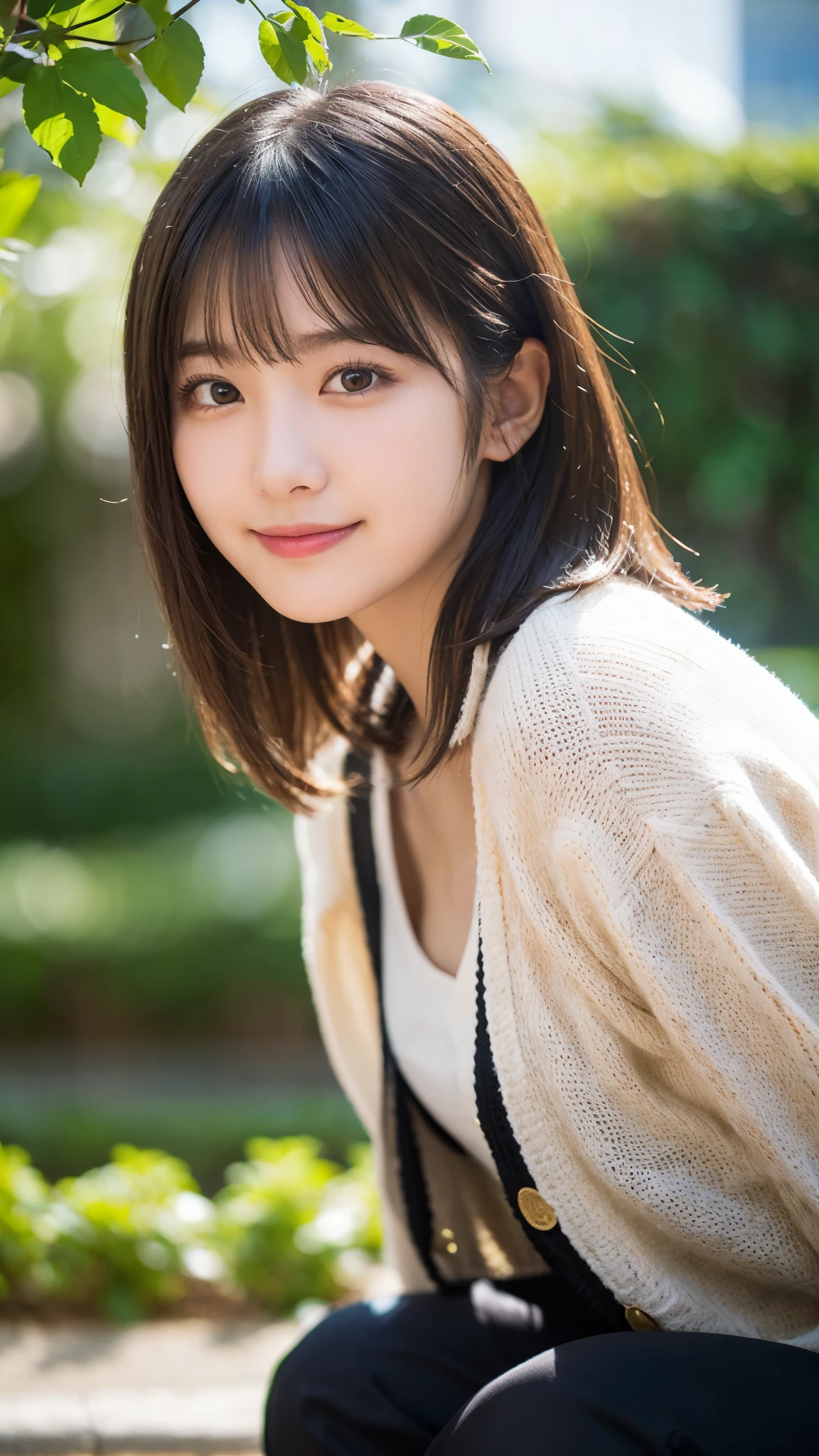 (highest quality,masterpiece:1.3,ultra high resolution),(Super detailed,caustics,8k),(realistic:1.4,RAW shooting),18-year-old,cute,japanese idol,black hair half up,Looking at camera with a smile,squatting position,big breasts,cardigan,knit dress,(flower garden),(low position:1.2),(Low - Angle:1.2),(face focus:1.2),(close up of face:1.2),Natural light,(Lens flare),professional writing