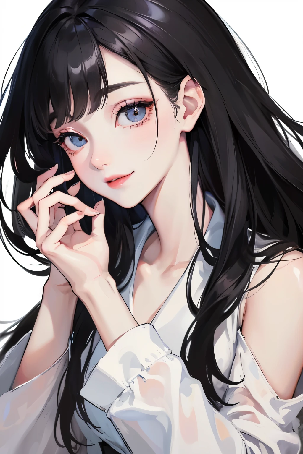 black hair girl、detailed face、profile、Temporary、lipstick、best image quality、droppy eyes,droopy eyes、simple、smile、white clothes、bright pigment、Patsun bangs、whole body、take a pose,gem