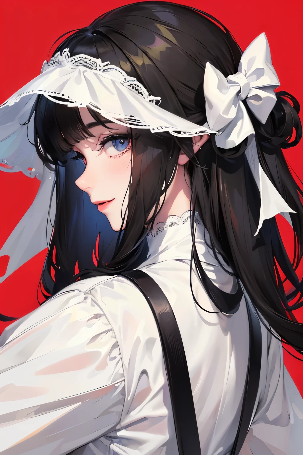 black hair girl、detailed face、profile、Temporary、lipstick、best image quality、droppy eyes,droopy eyes、simple、smile、white clothes、bright pigment、Patsun bangs、whole body、take a pose,gem