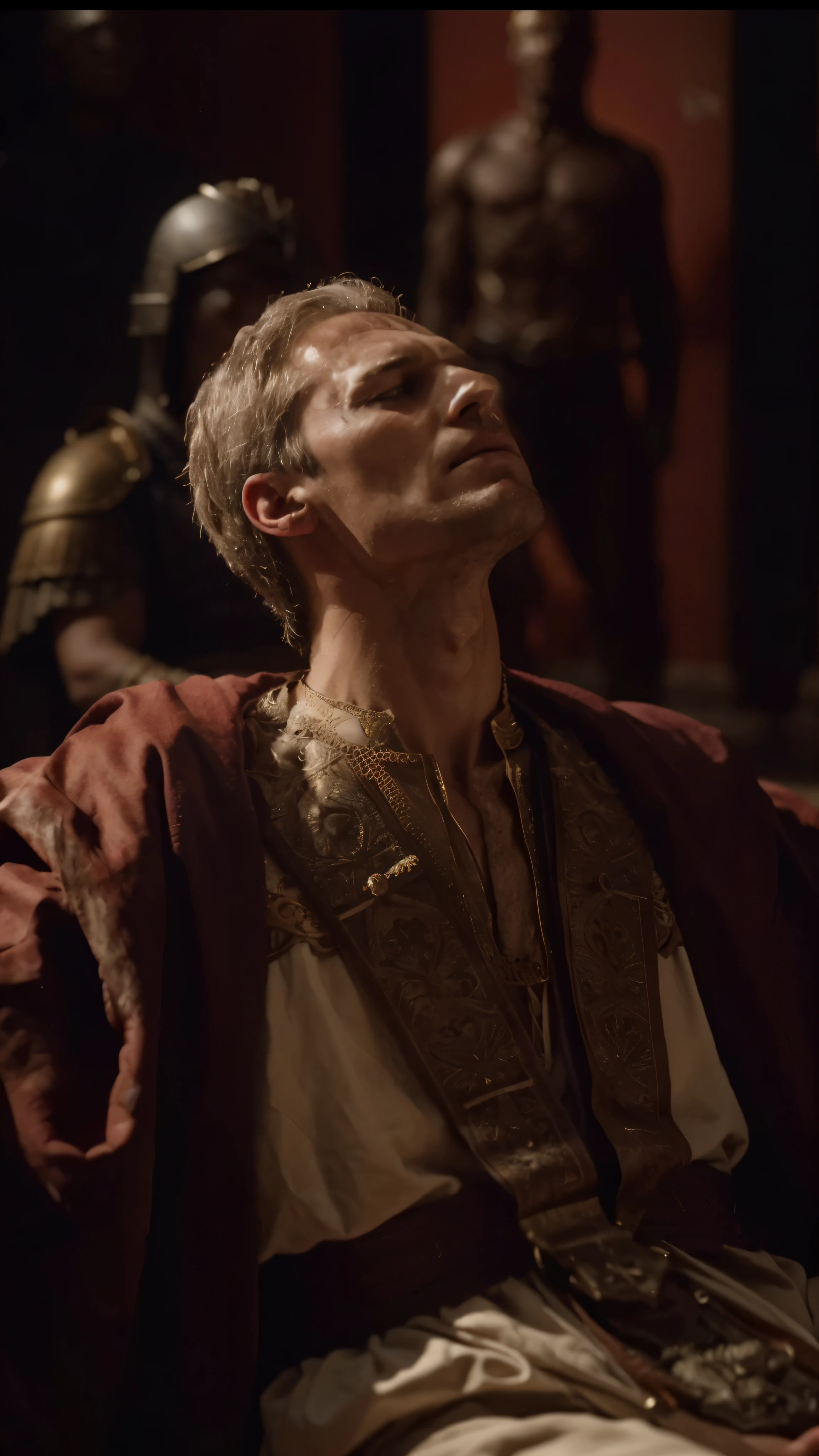 a man who is sitting in a room, attractive neck, inspired by Pogus Caesar, TV series still image, veias detalhadas, exploitable image, grande rei de stovokor, queixo longo, saying a prayer, Morgana, high resolution, antipodeans, 8