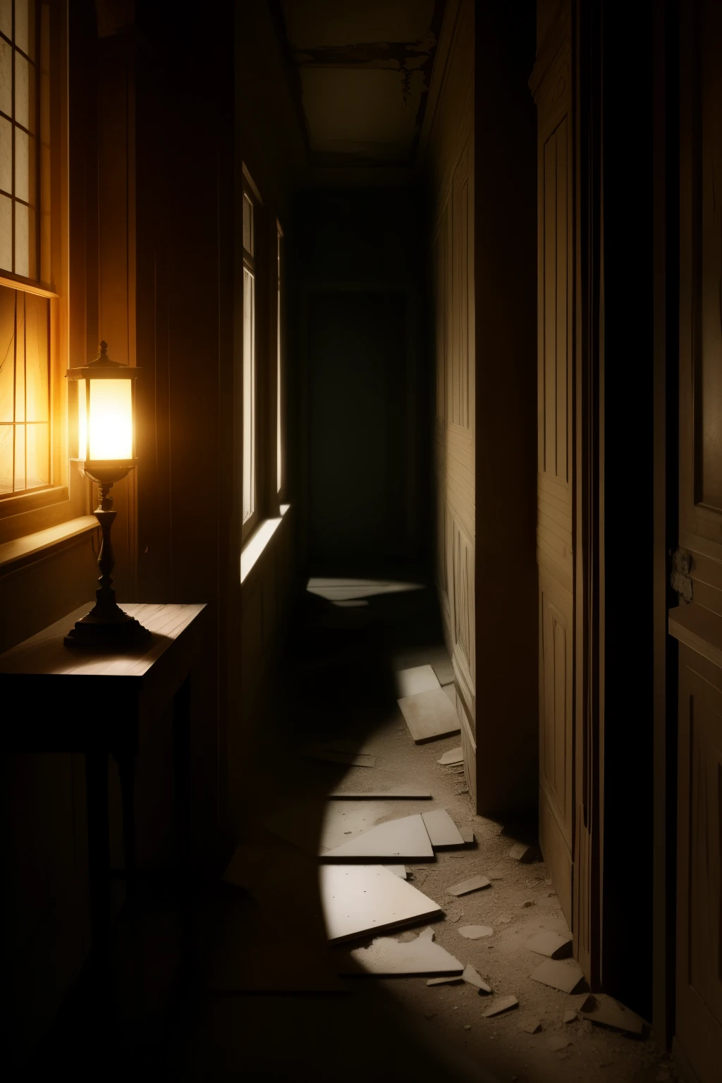 An eerie and chilling scene unfolds in the dimly lit corners of a hauntingly beautiful abandoned mansion. The soft glow of a single flickering lamp casts long, mysterious shadows on the cracked walls. The air is heavy with a sense of foreboding as ghostly whispers seem to echo through the hallways. The decaying floorboards creak underfoot, their worn surface covered in a layer of dust and neglect. A chilling silence hangs in the air, broken only by the occasional distant howl of the wind. This is a place where time stands still, where memories of the past intertwine with the supernatural. In this atmospheric setting, one can't help but feel a tingling sensation down their spine, as if unseen eyes watch their every