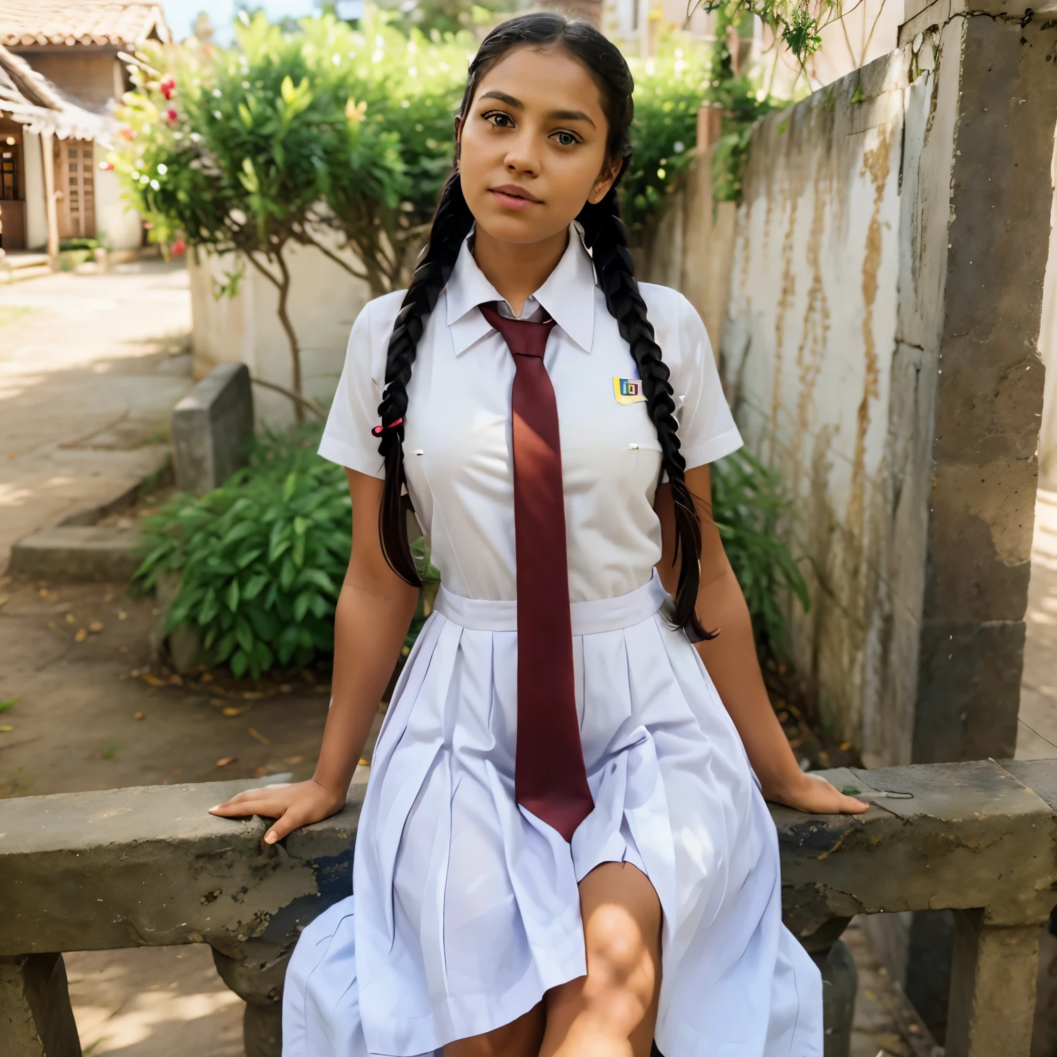 (masterpiece, best quality:1.2), 1girl, solo, 18 years old school girl wearing a white frock and colorful tie, with perfectly braided hair in plaits, barefoot, hyper realistic, cinematic look, detailed body parts with correct anatomy, realistic lightning, hyper realistic skin details.