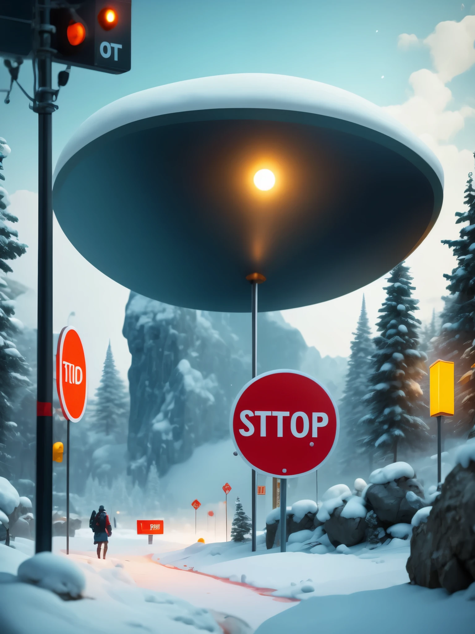 A solitary  station in the heavy snow，A station for one person，Big stop sign，（track：0.65），science fiction，cyberpunk，future，photography，