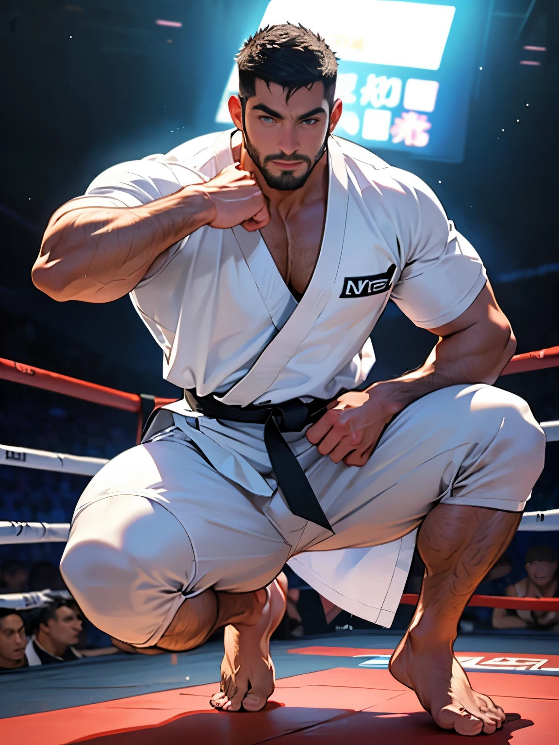 sexy mature daddy, tanned skin, big bump, darker skin, stubble, muscle发达的, best quality, masterpiece, ultra high resolution, Detailed background, realism, illustration, single, 1 boy, Torii, muscle, Volumetric lighting, depth of field, beard, flow, White clothes, black belt, light particles, huge bulge, starry sky, martial artist, flow汗, short black hair, perfect eyes, barefoot,Boxing pose