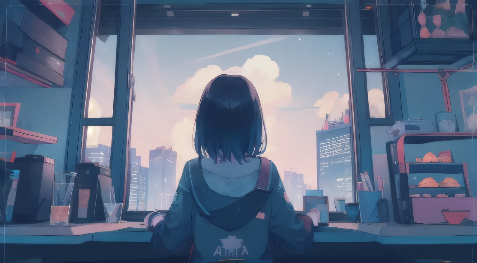 from behind, Girl looking up at the sky on the roof of a building, black hair, starry sky, moon