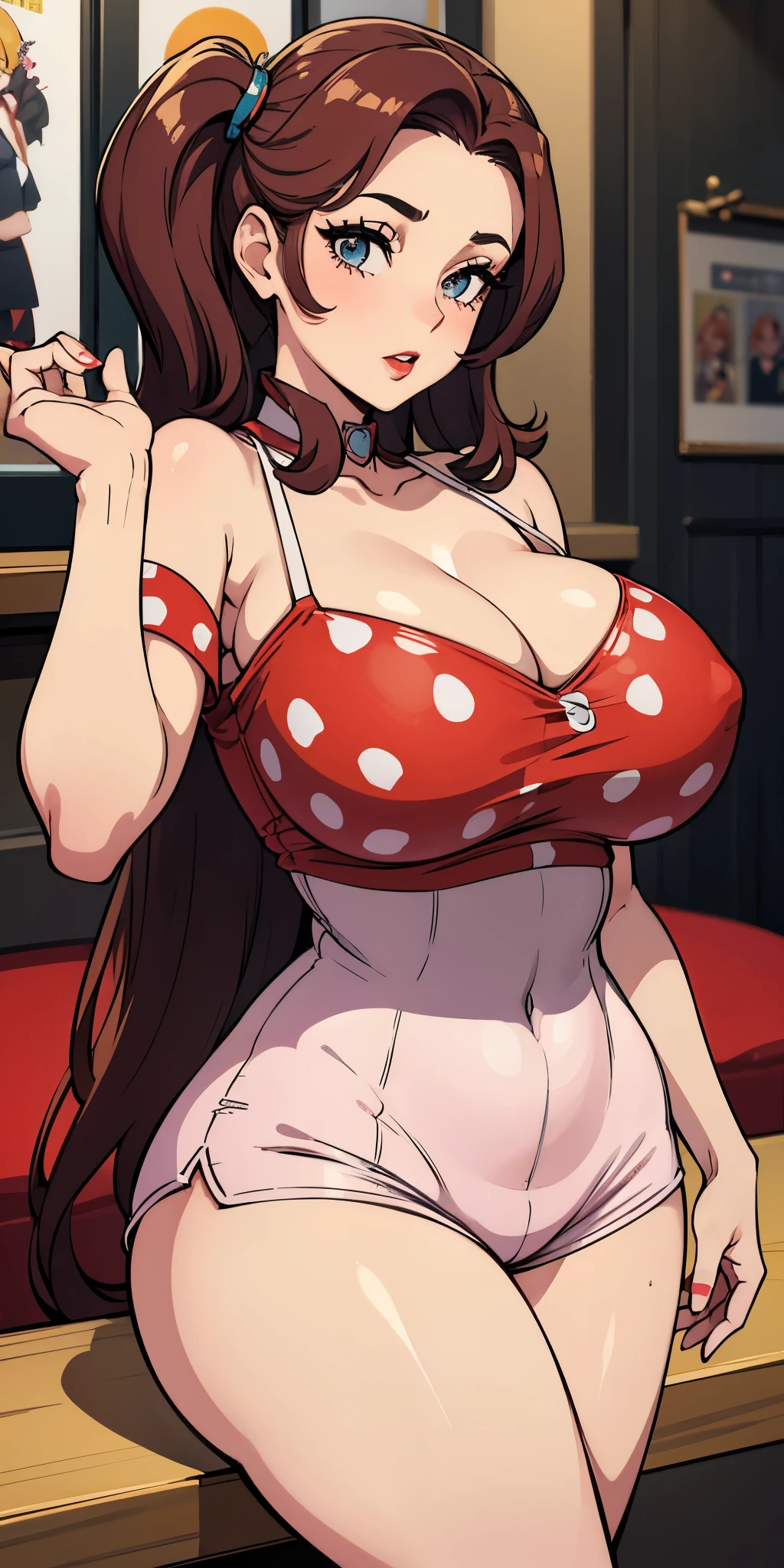 A retro-inspired pin-up girl, with a classic 1950s style. She wears high-waisted, polka-dot shorts paired with a cropped, cherry-print top, big tits, deep cleavage, bare tummy, thick thighs, slim waist, erotic expression, shy, gorgeous. Her hair is styled in victory rolls, and she wears red lipstick and winged eyeliner. She radiates confidence and a playful, vintage charm.