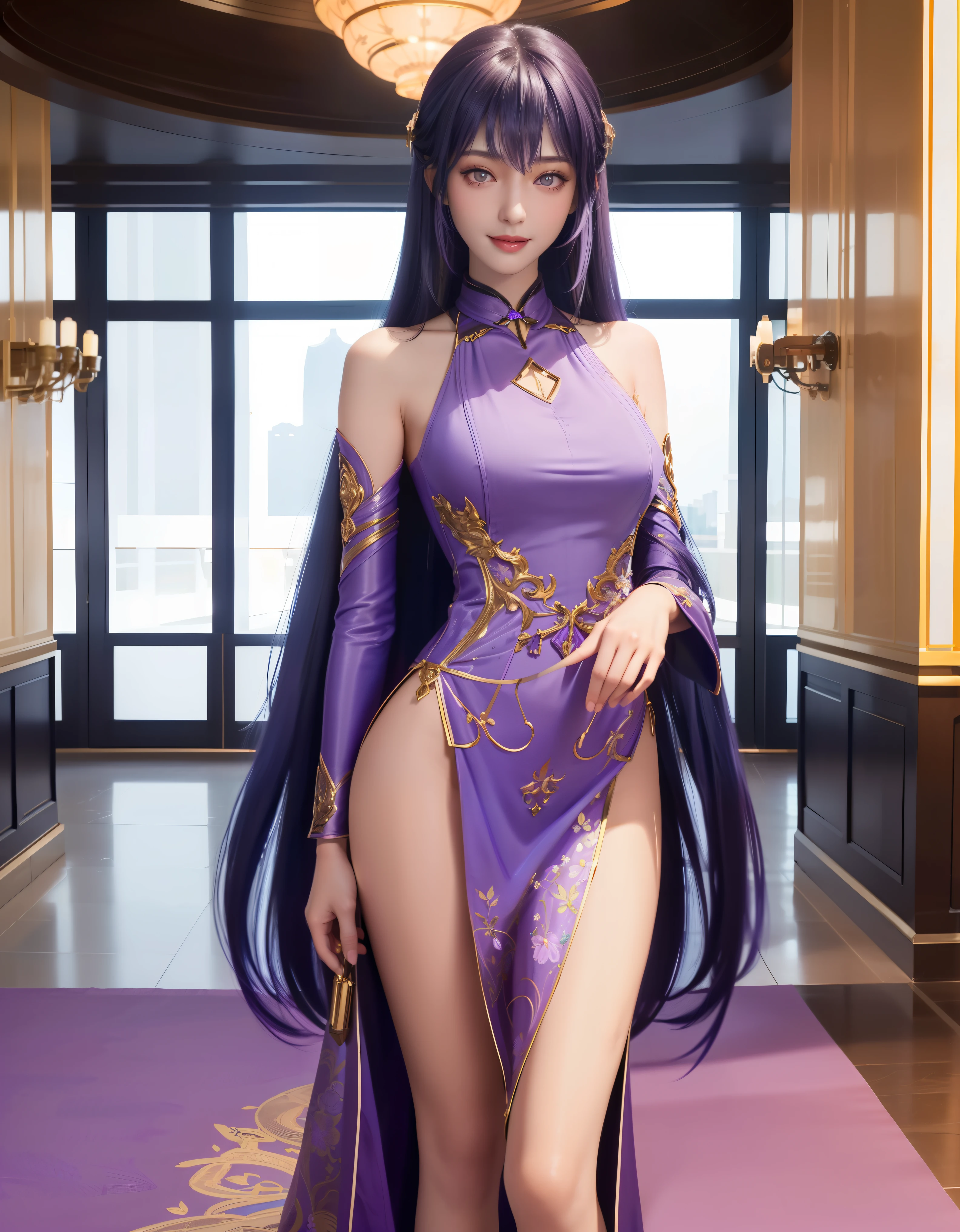 luxury hotel entrance indoors, 1lady solo mature female /(purple long hair/) bangs, blue embraided cheongsam, blush kind smile, (masterpiece best quality:1.3) delicate illustration high resolution ultra-detailed perfect face beautiful skin large breast, full body