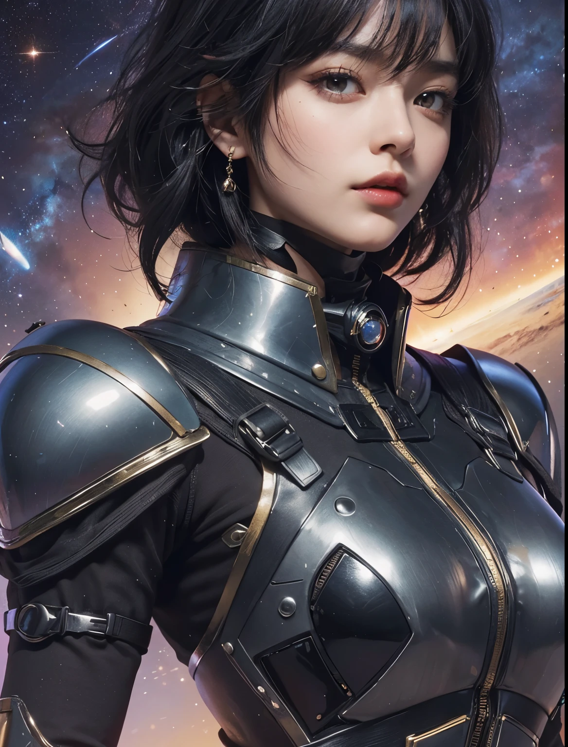 Upper body close-up image.A beautiful woman. 20s. Black hair. She wears a metallic black battle uniform. There is something on his waist that is reminiscent of Kamen Rider's transformation belt. An image of outer space and Mars in the space behind her. A masterpiece