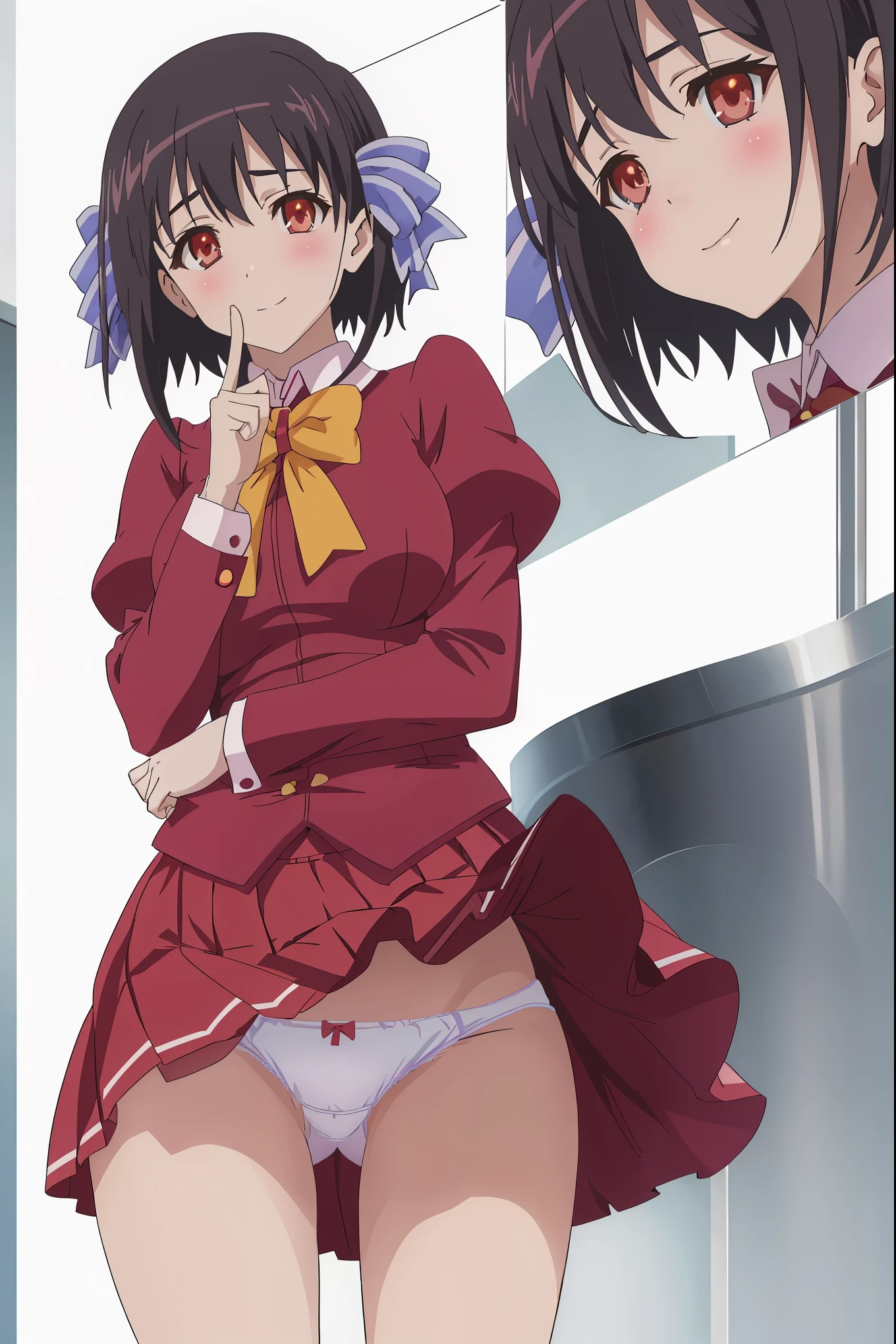 NSFW,1girl in,standing,(put a forefinger on the mouth),(Portrait),face Focus/close up,Looking at Viewer,Tomomi_Xijing, bow ribbon, Short hair, School uniform,red school uniform,Winter clothes,Long sleeves,red Long skirt,Panties,Perfect Lighting,(brighten the subject),(underwear:1.2),1girl in,, up skirt,Best Quality,Skirt lift,,Smile,blush,megami magazine,anime screen cap,Flat color,cel shading,oily skin,((tucking up the skirt)),Panties,short torso,Show off panties,pantyshot,up skirt,