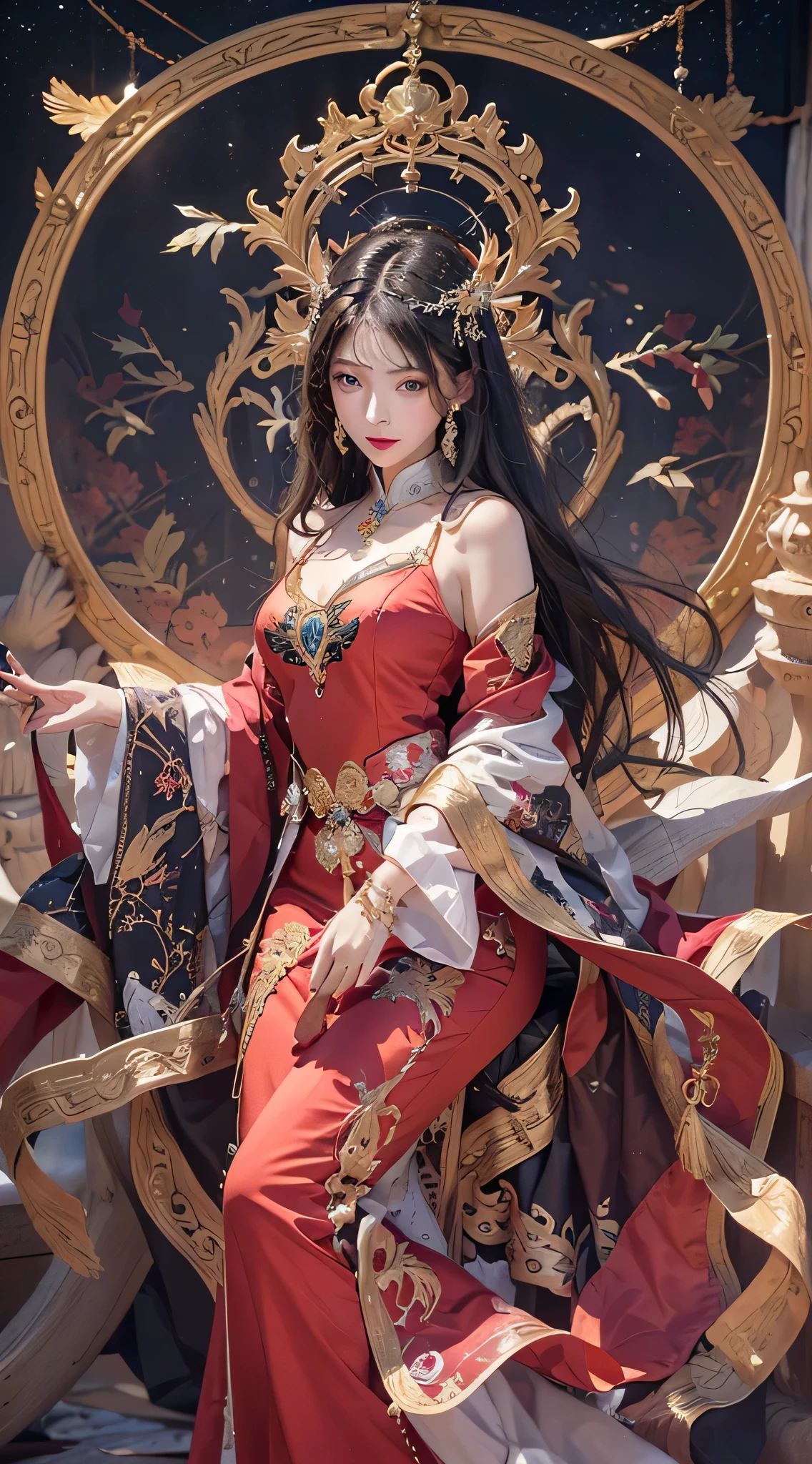 1 The future goddess of the twelve zodiac signs, Dressed goddess Shengxiao'Long curly hair covered her breasts, zodiac signs女神身穿亮金色紧身胸衣, The goddess radiates a bright pink and purple zodiac aura, Stars have the shapes of the 12 zodiac signs, zodiac signs女神穿著帶有許多黑色細節的金色zodiac signs奧黛, 來自未來的zodiac signs神話女神, zodiac signs ♏, zodiac signs风格, dark and mysterious version, full , Red lips are very balanced,very beautiful, Characters designed by Carol Barker and Pino Deheni, intricate details, Detailed background, many background objects, Very detailed, magic light, a woman, clear facial contours, Beautiful face and symmetrical eyes, 圆圆的大眼睛和very beautiful细致的妆容, Telefocal, silk clothing, Mysterious decoration, upper body portrait, Relax your arms
