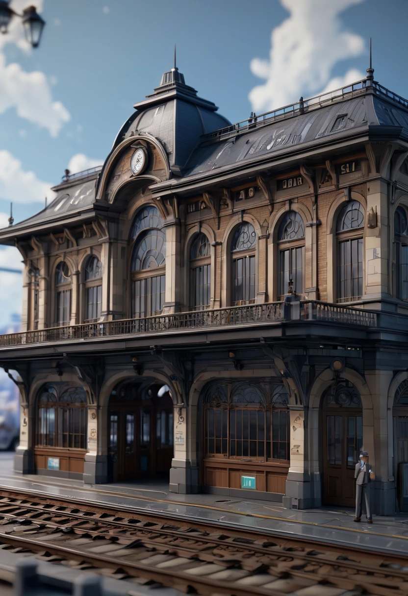 Neo-Figuration style Train Station, (best quality, masterpiece, Representative work, official art, Professional, Ultra intricate detailed, 8k:1.3)