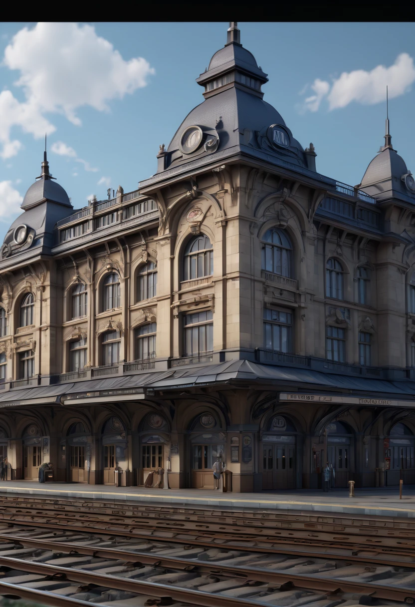 Neo-Figuration style Train Station, (best quality, masterpiece, Representative work, official art, Professional, Ultra intricate detailed, 8k:1.3)