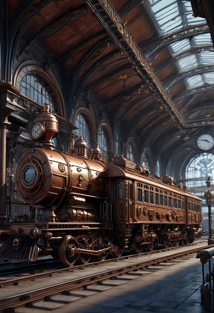 Vaporwave Aesthetic style Train Station, (best quality, masterpiece, Representative work, official art, Professional, Ultra intricate detailed, 8k:1.3)