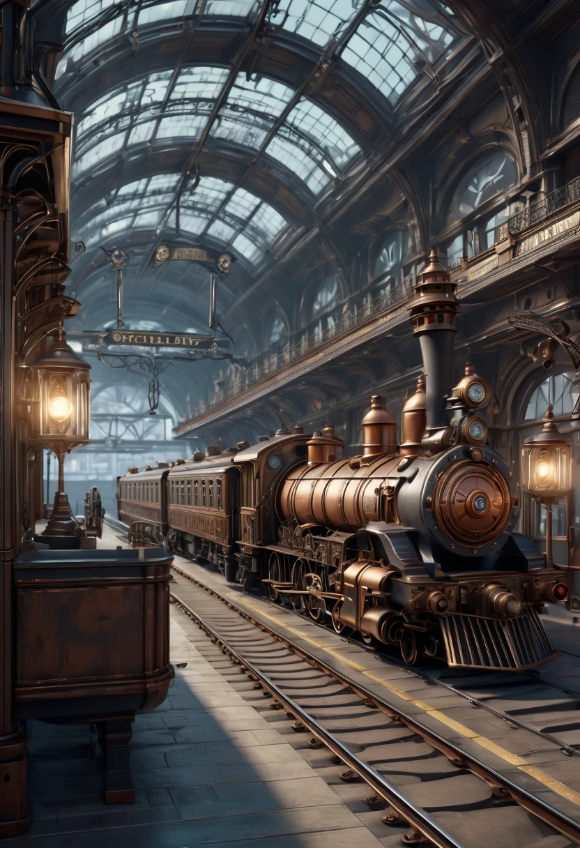 steampunk style Train Station, (best quality, masterpiece, Representative work, official art, Professional, Ultra intricate detailed, 8k:1.3)