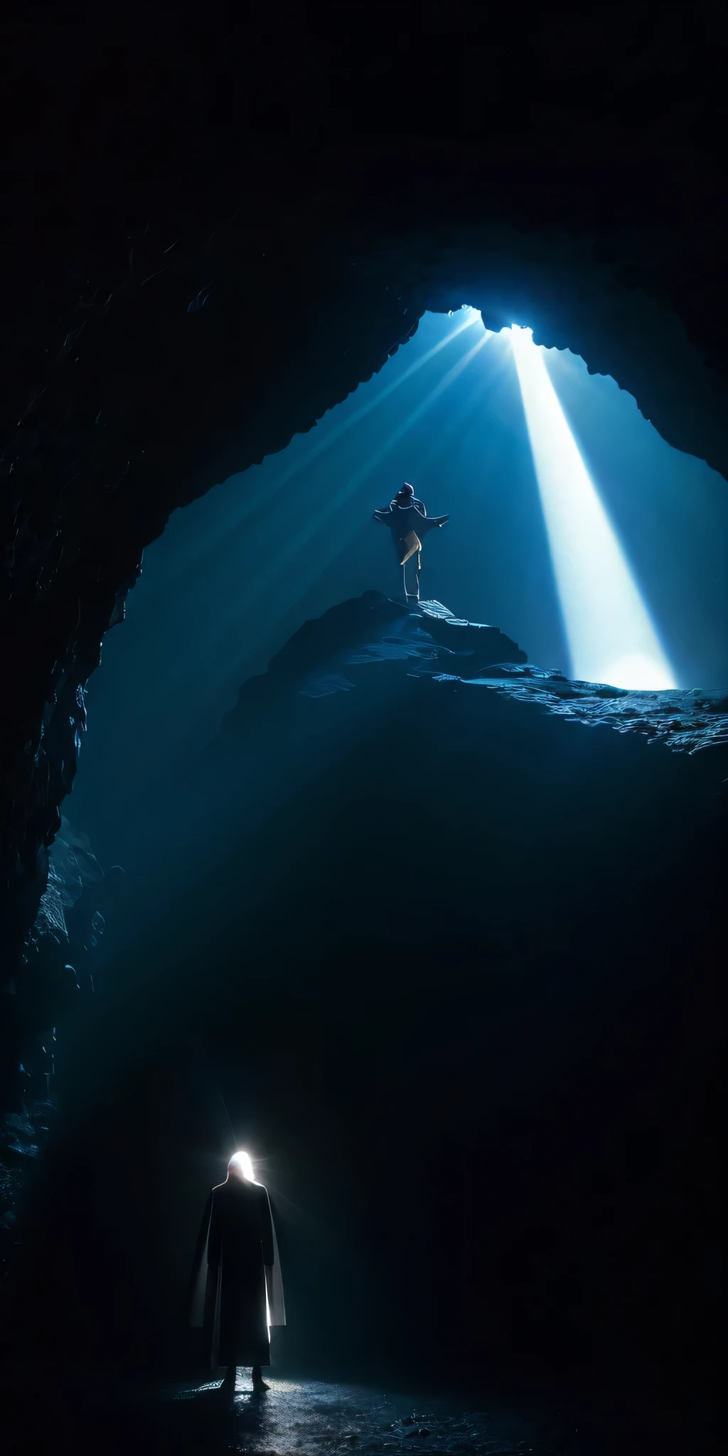 arafed man standing in a cave with his arms outstretched, With divine light as background, standing in a grotto, Find the mysterious cave, Photo taken on 2 0 2 0, Stand under a beam of light, in a cave, lost in a cave, silhouette of a man, God&#39;s light illuminates from above, from below, The light of life，Increase the sense of sanctity（1.1），The figure becomes clearer