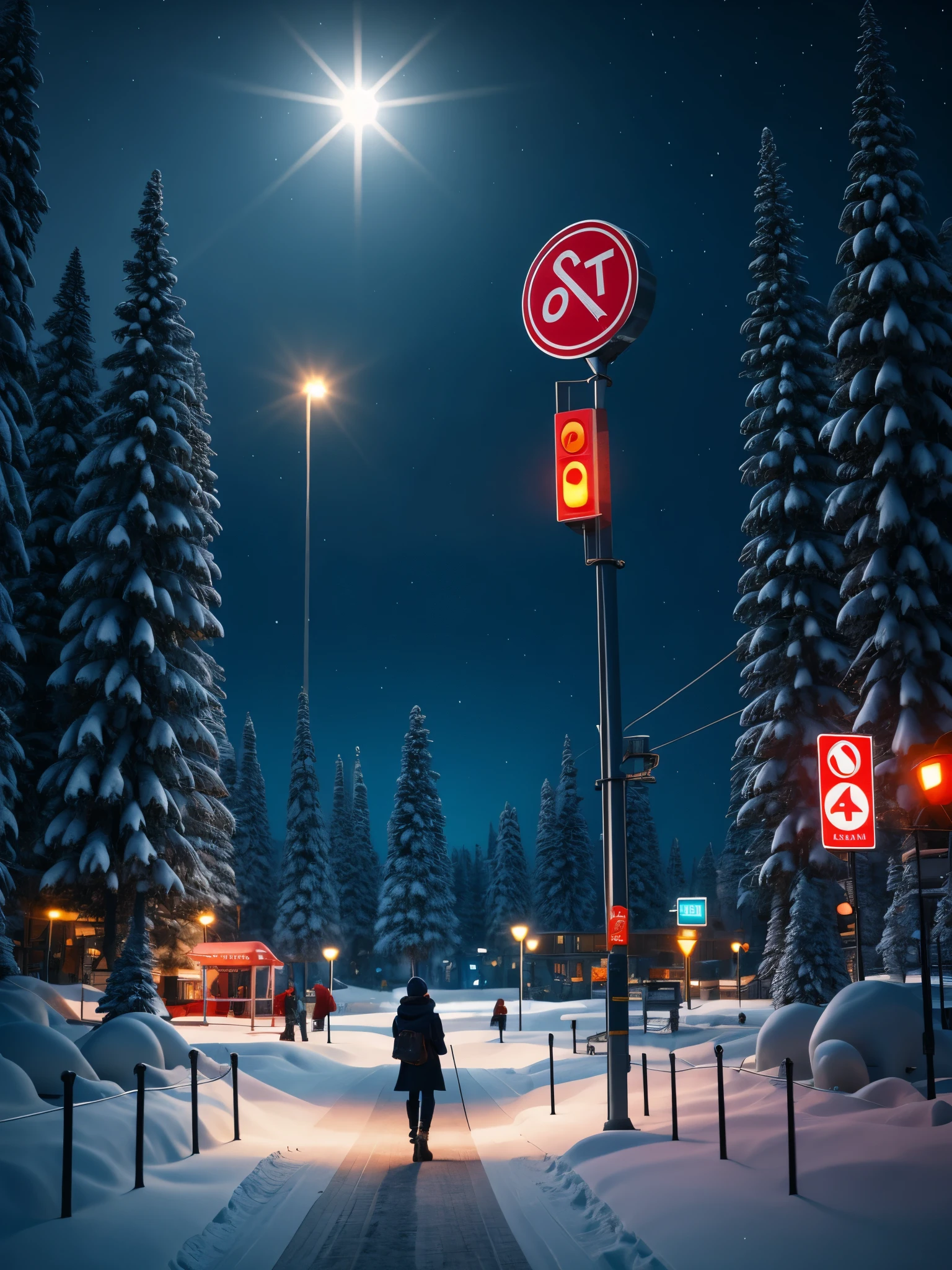 A solitary  station in the heavy snow，A station for one person，Big stop sign，（track：0.65），science fiction，cyberpunk，future，photography，