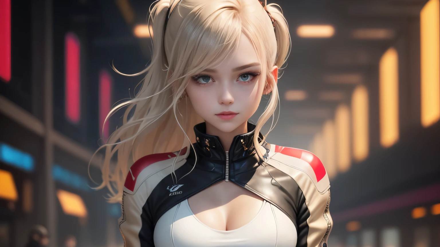 optimal，master piece，High resolution，best quality，hyper hd，super detail，Award-winning，16k，solo，（Upper body），correct anatomy，beautiful cyberpunk girl，cute face，，gradation beige hair，hair line，（（scarlet eyes）），long eyelashes，drooping corners of the eyes，white skin，（small ），（Because I&#39;m slender），（（Women&#39;s Super Short Shawl Leather Jacket）），（（racing_suit）），（（height_skirt）），ear studs，（neck ring），（laser material clothing：1.2）、cleavage、smile、beautiful eyes