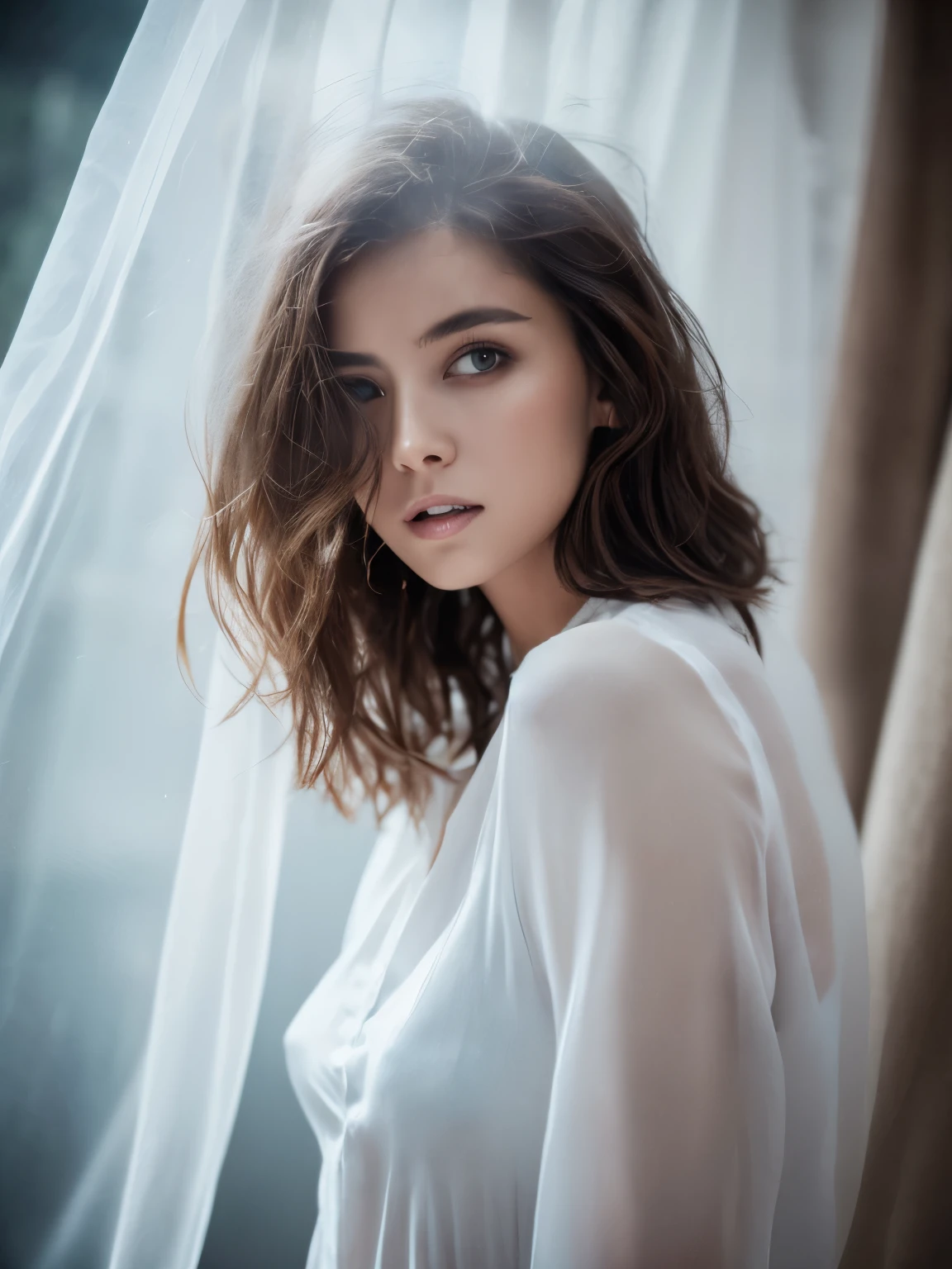 cinematic color, beautiful matanity woman, (best quality, ultra-detailed), feminin lighting, messy hair, wearing see-through white shirt and jeans, delicate features, dreamy atmosphere