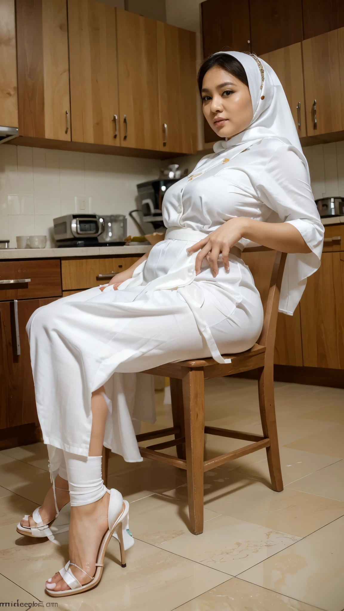 ((best quality)), ((masterpiece)), (detailed), perfect face, ((40 years old)),Malaysian girl, fat, , satin hijab, wearing white long gamis, stockings, heels, sit on chair, kitchen