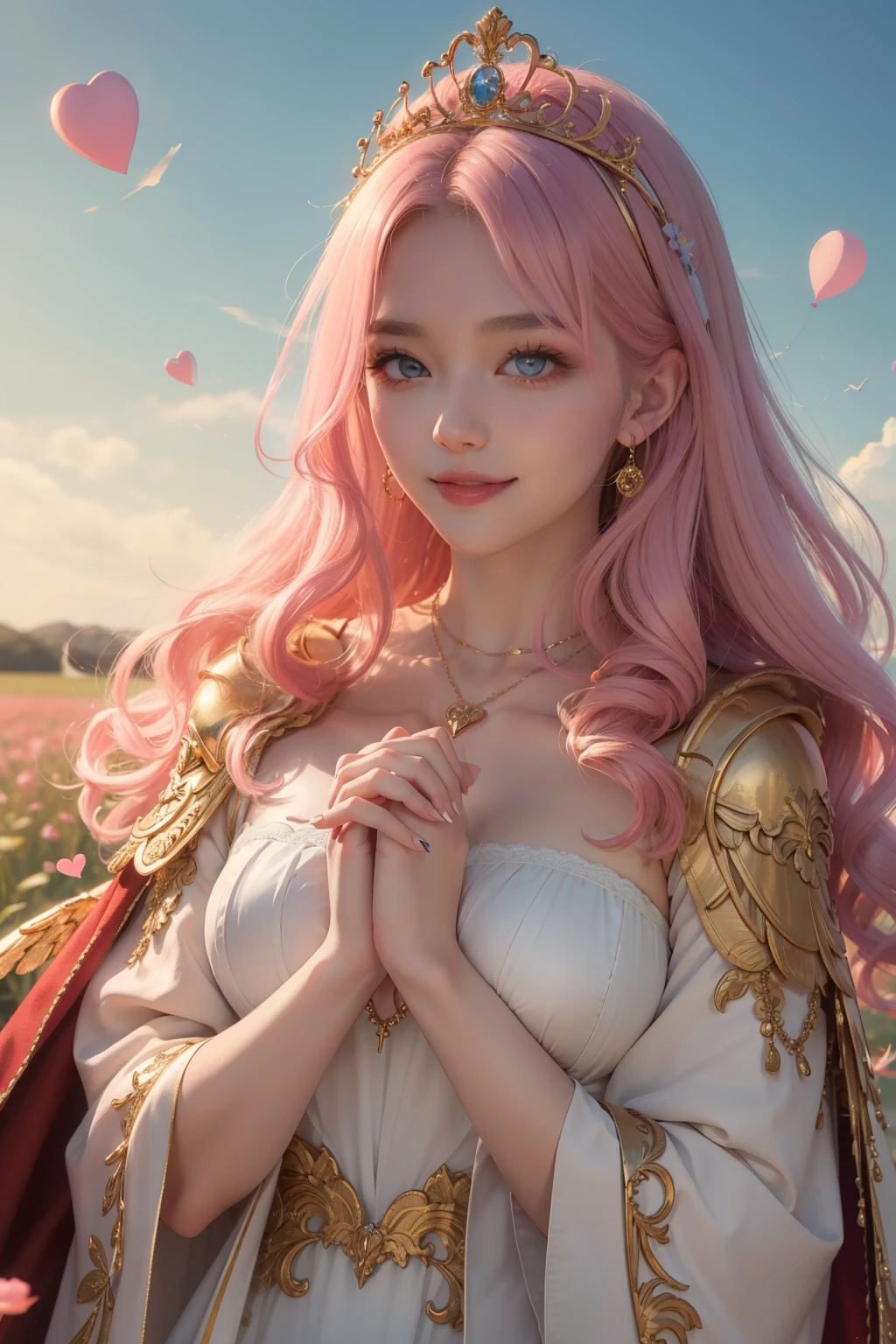 ((highest quality)), ((masterpiece)), (be familiar with), perfect face、20old angel、looking at the camera、Upper body、pink hair、long curly hair、beautiful、beautiful、cute、smile、laughing、Wearing a cloak、gold colored tiara、gold colored necklace、wings are growing、both wings、fantasy、I'm in a field of roses、facing forward、eyes wide、lengthen eyelasheaking a heart with your hands in front of the chest、Angel in Love、white wings