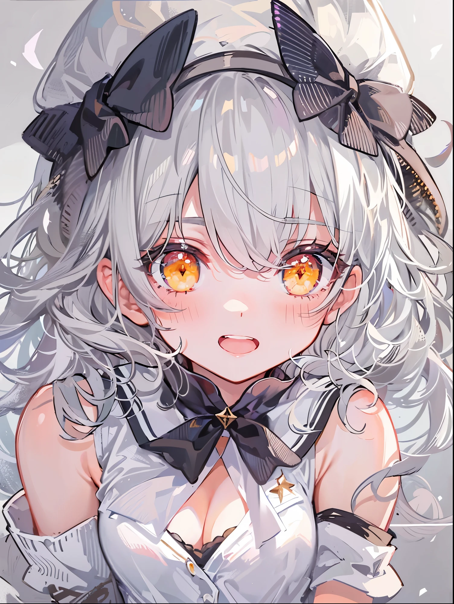 ((highest quality)), ((masterpiece)), ((super detailed)), (very delicate and beautiful), with a girl, solo, kind attitude, she is very(relax)with(Calm)Appearance,gray haired, Depth of the bounds written,smile,bright yellow eyes,bright white hair, beautiful background,Bob Hair - Linear Art, shorts、knee high socks、White uniform like a sailor suit、Black Ribbon Tie、Eyes that shine like amber, upper eye, wonderful eyes