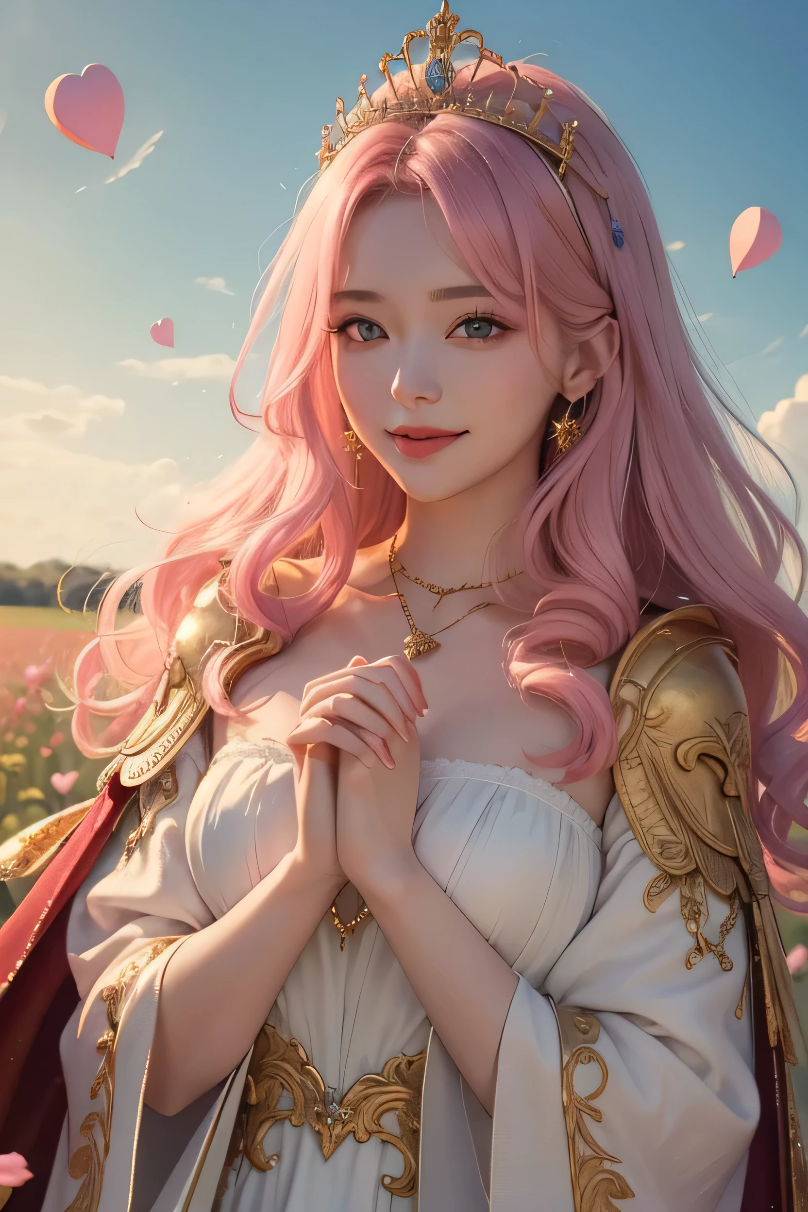 ((highest quality)), ((masterpiece)), (become familiar with), perfect face、２０old angel、looking at camera、Upper body、pink hair、long curly hair、beautiful、beautiful、cute、smile、laughter、wearing a cloak、gold color tiara、gold color necklace、wings are growing、both wings、fantasy、I&#39;バラ畑にいるI、facing forward、open your eyes wide、Lengthen your eyelashes Put your hands together in front of your chest to form a heart shape.、Angel in Love、white wings