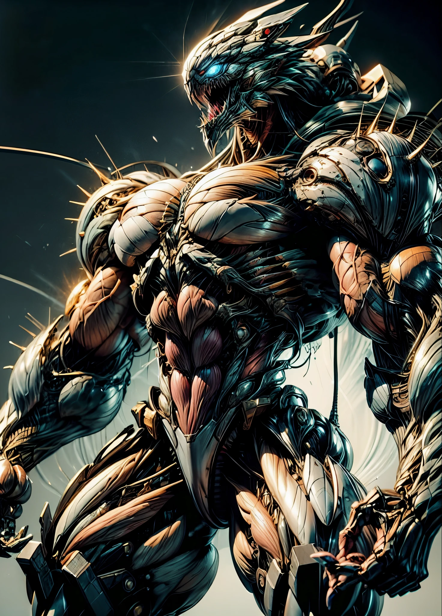 (1 girl), (cara delevingne), (muscular girl wearing a bio mecha muscle suit:1.25), detailed, ultra-detailed, masterpiece, 8k wallpaper,(bio mecha:1.25), (muscle:1.3), (muscle tissue:1.25),
(dramatic angle:1.3),(dynamic angle,:1.2), (mecha design (de):1.6), (mdde:1.3),
weapon, spikes, mecha, solo, science fiction, standing, holding, glowing, electricity, teeth, monsteress, simple background, claws
