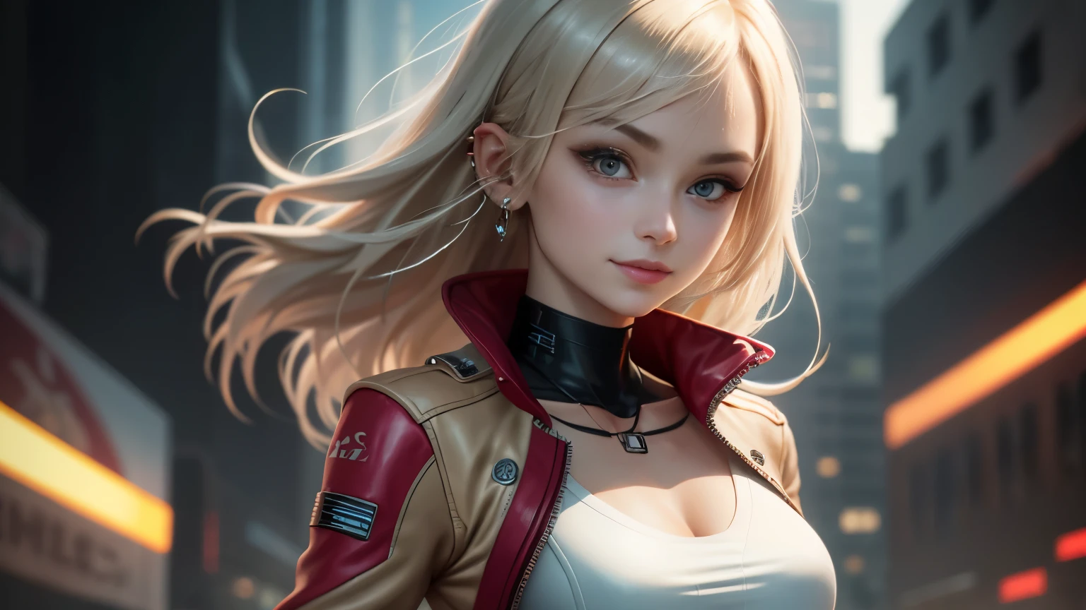 optimal,master piece,High resolution,best quality,hyper hd,super detail,Award-winning,16k,solo,(Upper body),correct anatomy,beautiful cyberpunk girl,cute face,,gradation beige hair,hair line,((scarlet eyes)),long eyelashes,drooping corners of the eyes,white skin,(small ),(Because I'm slender),((Women's Super Short Shawl Leather Jacket)),((racing_suit)),((height_skirt)),ear studs,(neck ring),(laser material clothing:1.2)、cleavage、smile、beautiful eyes