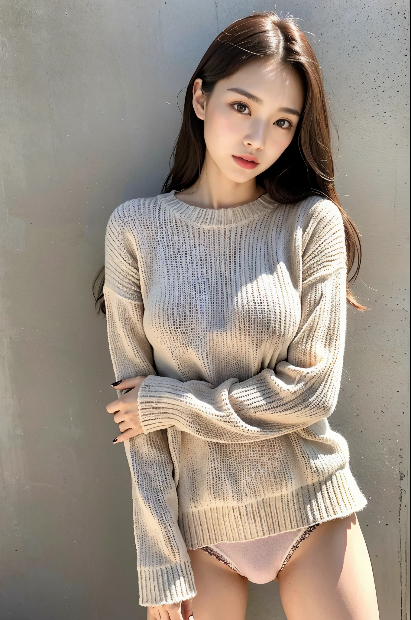 top quality, 1 Beautiful Japan Woman, 21 years old, s, 35mm lens, f/1, Cowboy shot, concrete background、tile background、long brown hair with highlights、sweater、lace panties、realistic、realistic skin texture、slim、model body shape、slender、The bust is medium size