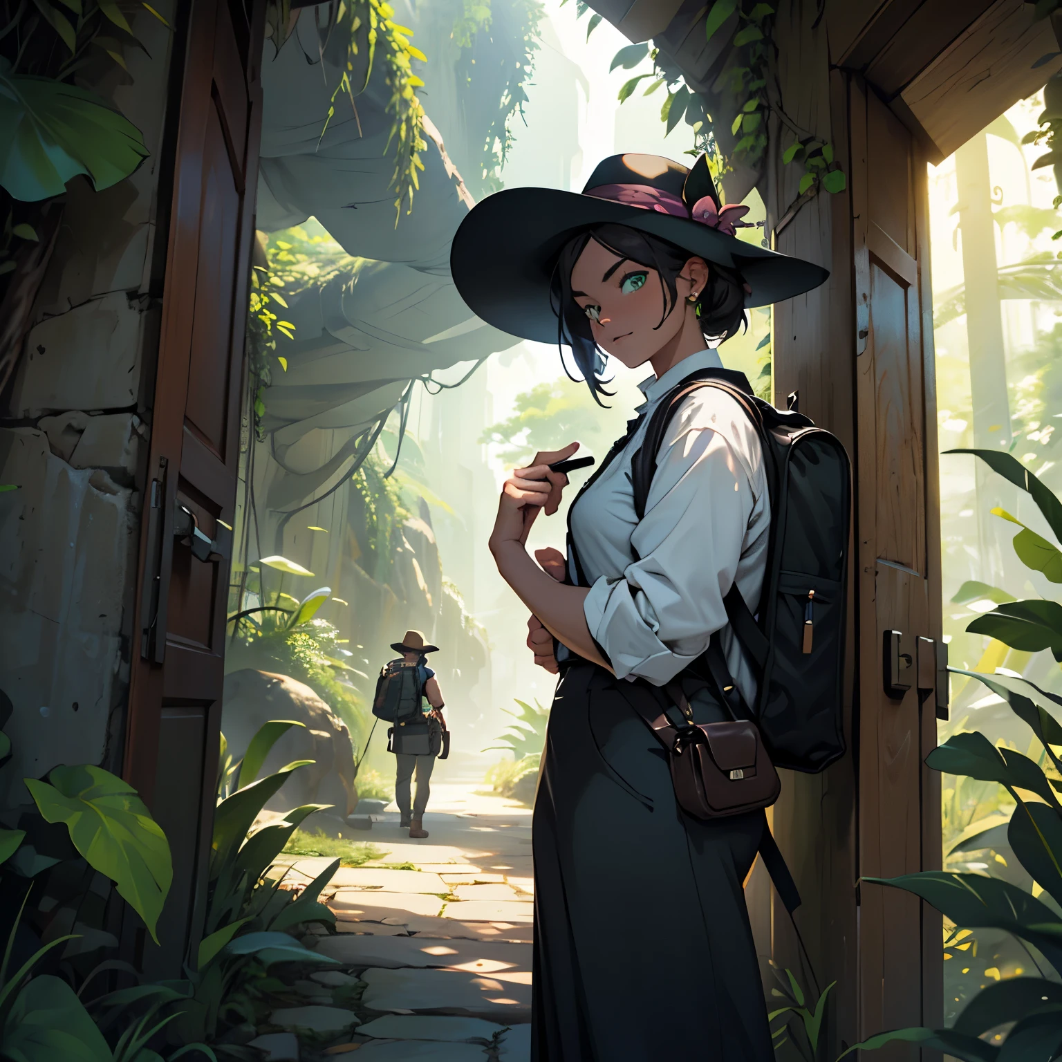 Exploring the World in All Its Entirety:
(Masterpiece:1.2, Best Quality, 4k, 8K, high resolution)
A couple, both clad in explorer's vests and wide-brimmed hats, stand before an enormous ancient door. The man, with a determined gaze, clutches a worn map in his hand, while the woman, her eyes filled with a sense of wonder, adjusts the strap of her backpack. Behind them, the lush, unfamiliar jungle stretches out, teeming with vibrant colors and intriguing creatures. A jaguar, its emerald eyes piercing the darkness, paces stealthily